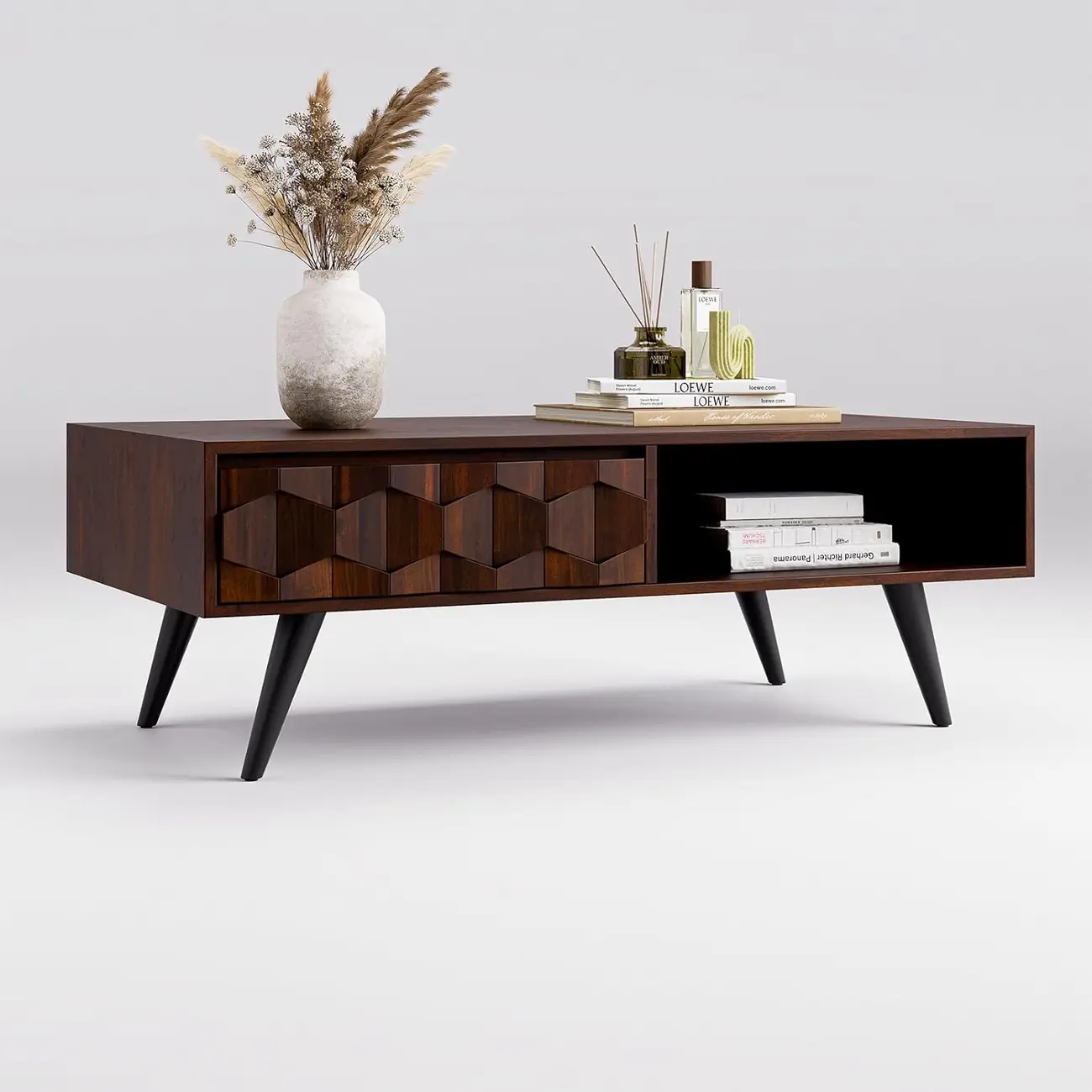 Mid-Century Modern Brown Wood Coffee Table with Drawers Image - 11 | homeyfad