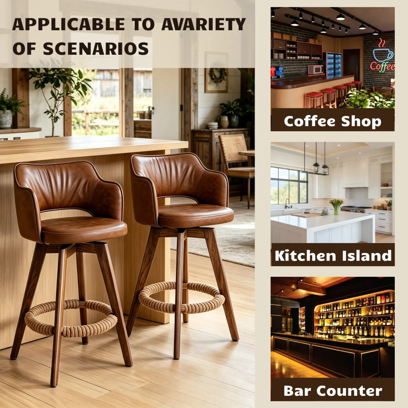 Set Of 2 Modern Swivel Faux Leather Counter Stools Solid Wood Frame Image - 7 | homeyfad