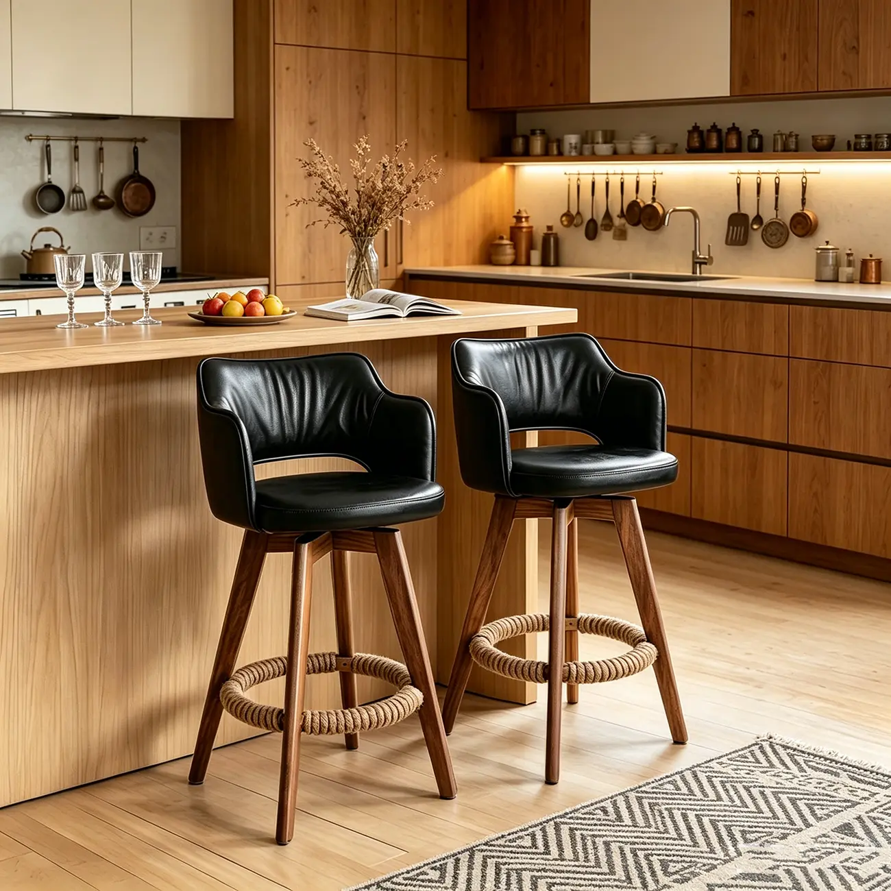 Set Of 2 Modern Swivel Faux Leather Counter Stools Solid Wood Frame Image - 2 | homeyfad