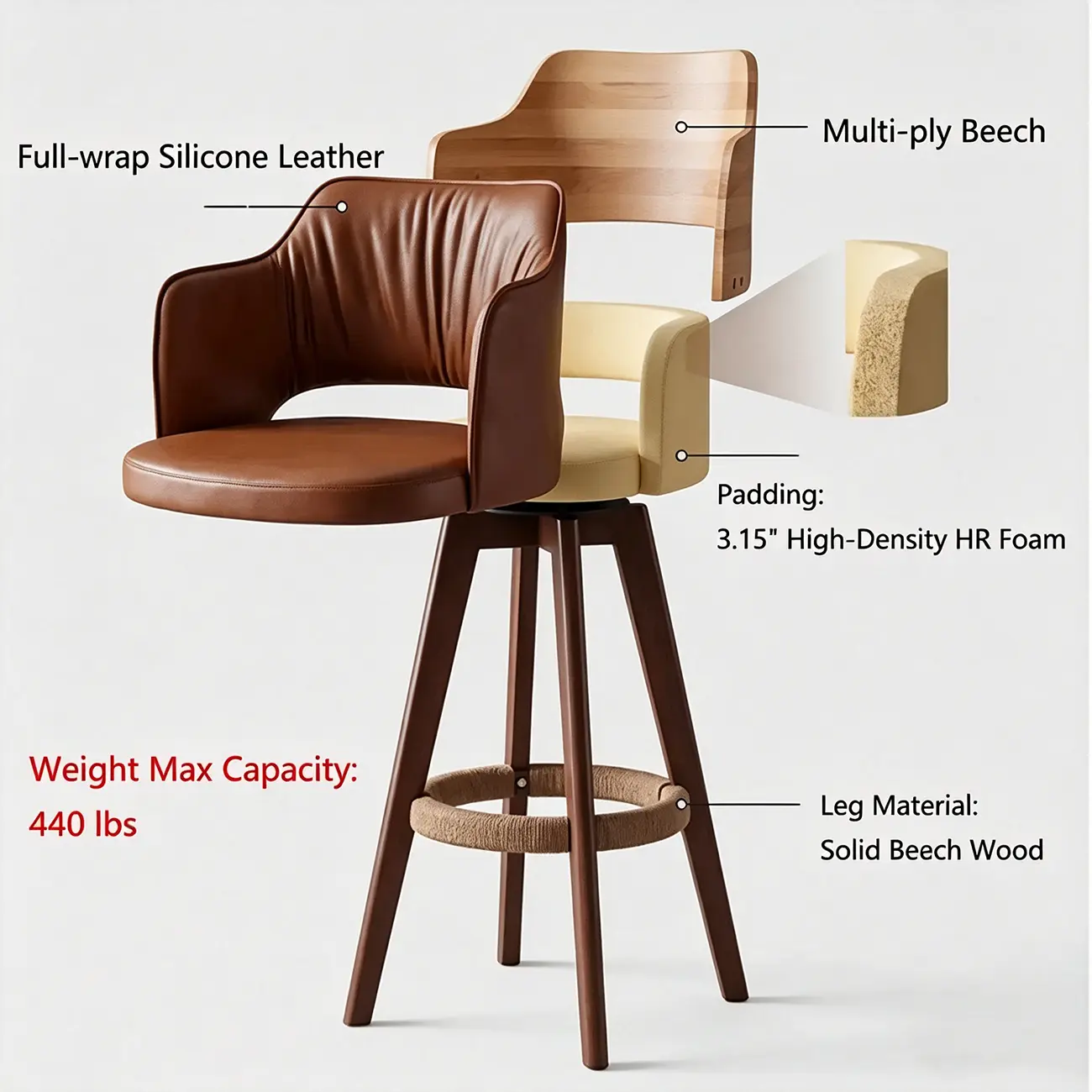 Set Of 2 Modern Swivel Faux Leather Counter Stools Solid Wood Frame Image - 5 | homeyfad