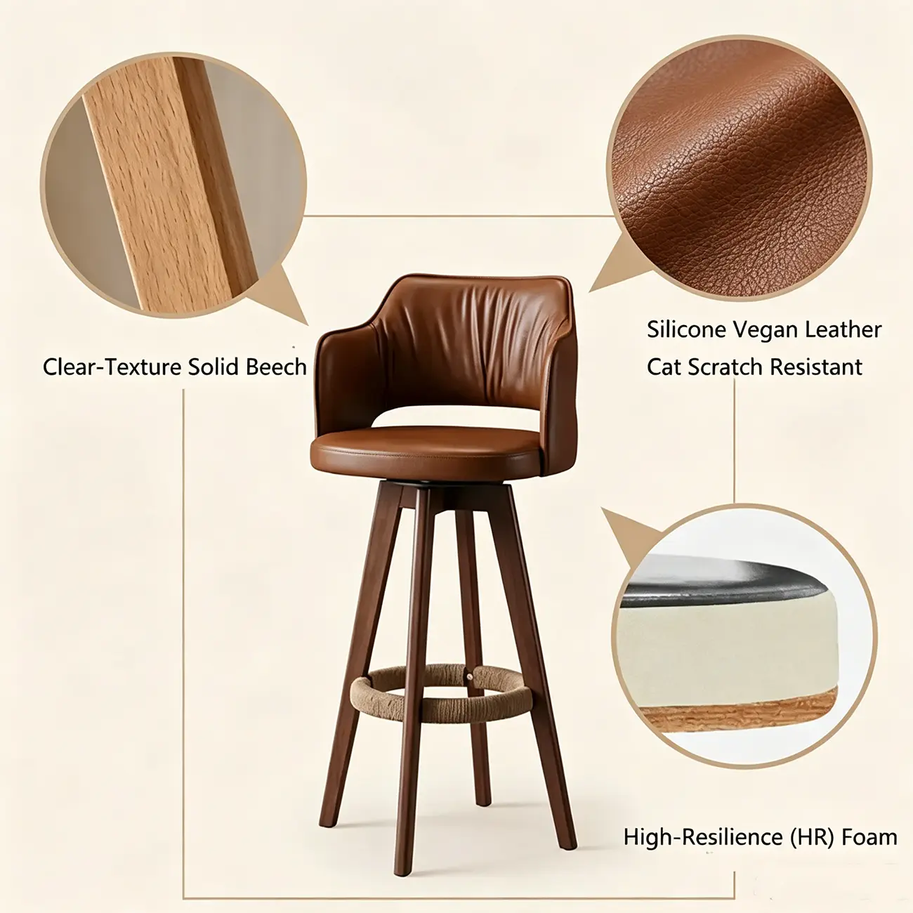 Set Of 2 Modern Swivel Faux Leather Counter Stools Solid Wood Frame Image - 6 | homeyfad