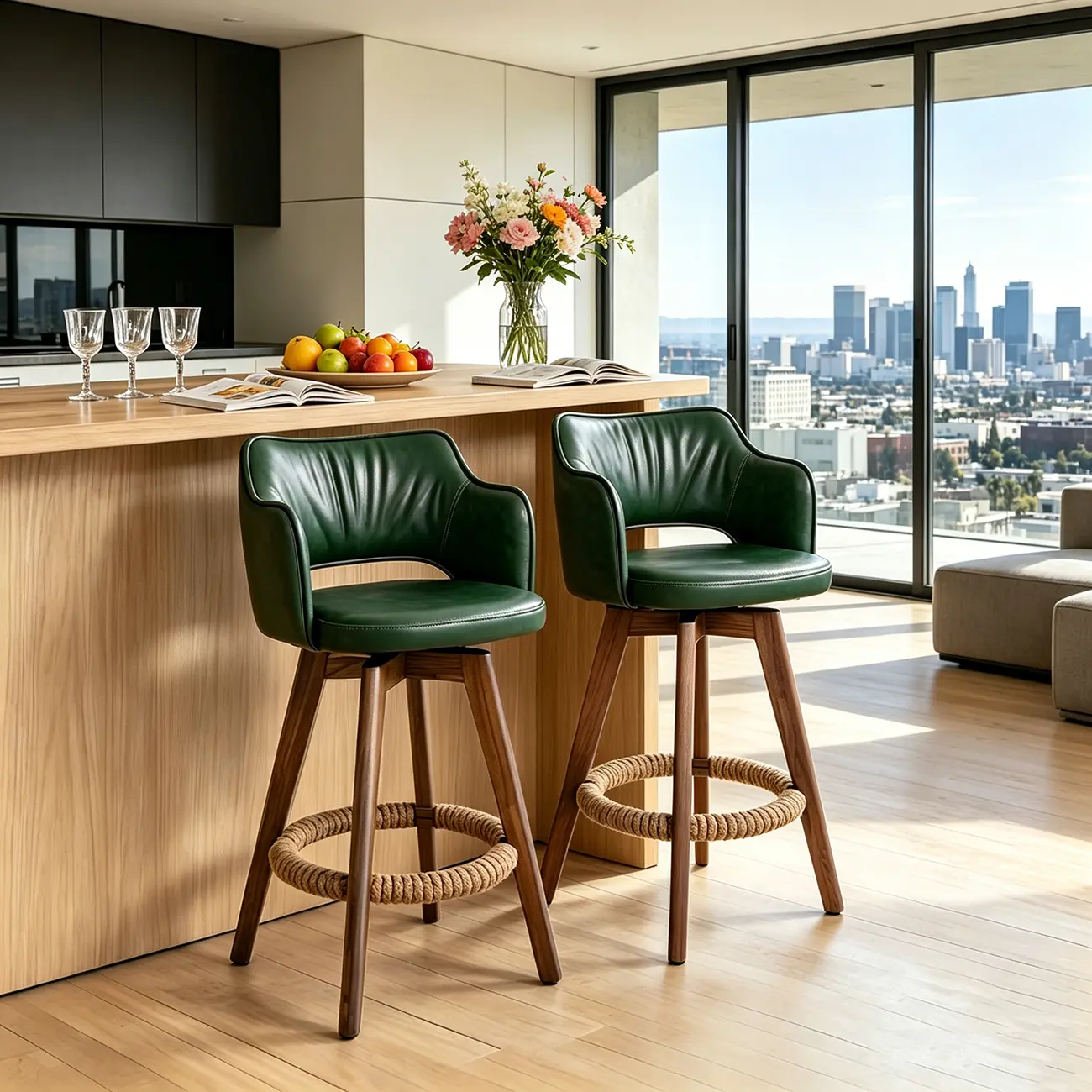Set Of 2 Modern Swivel Faux Leather Counter Stools Solid Wood Frame Image - 4 | homeyfad