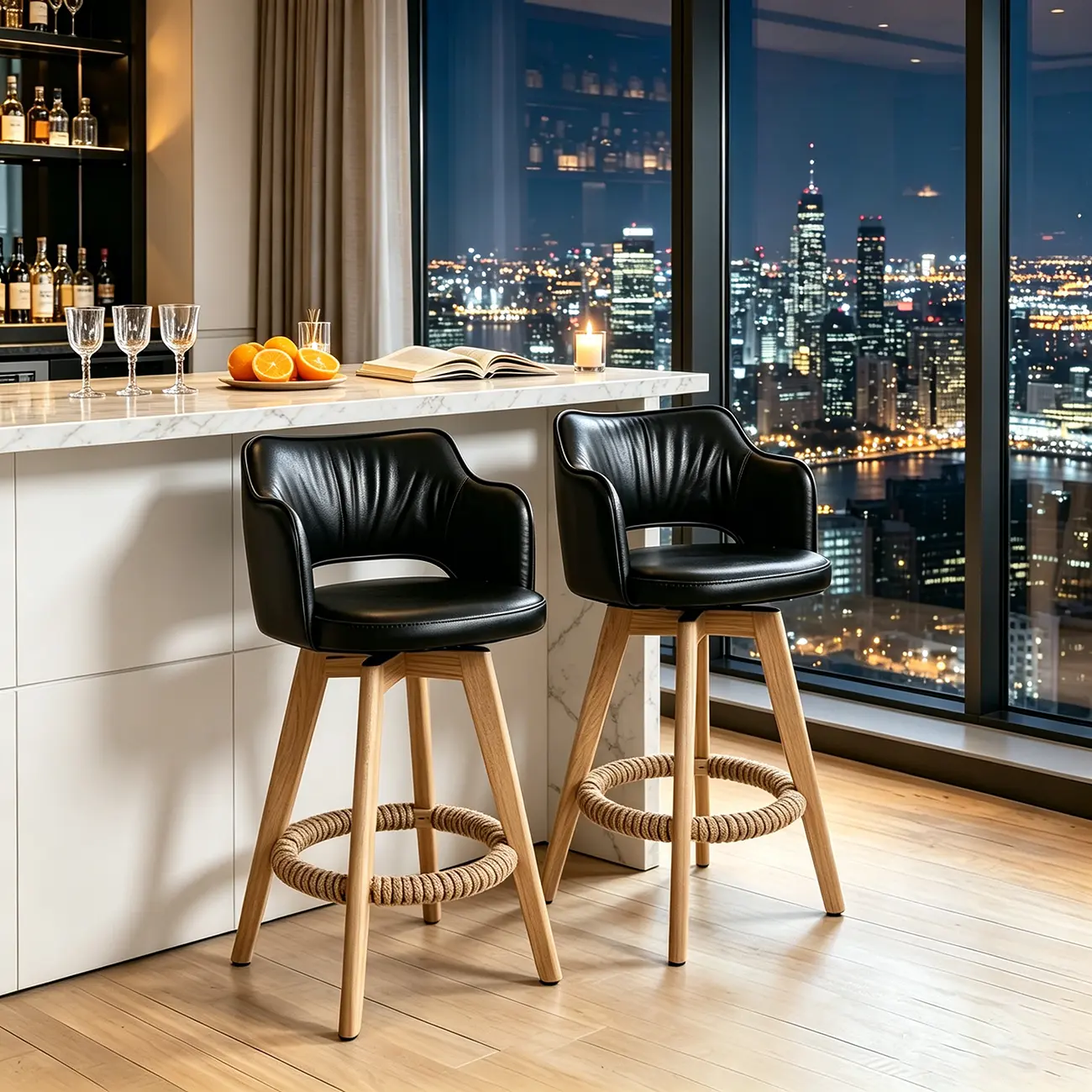 Set Of 2 Modern Swivel Faux Leather Counter Stools Solid Wood Frame Image - 9 | homeyfad