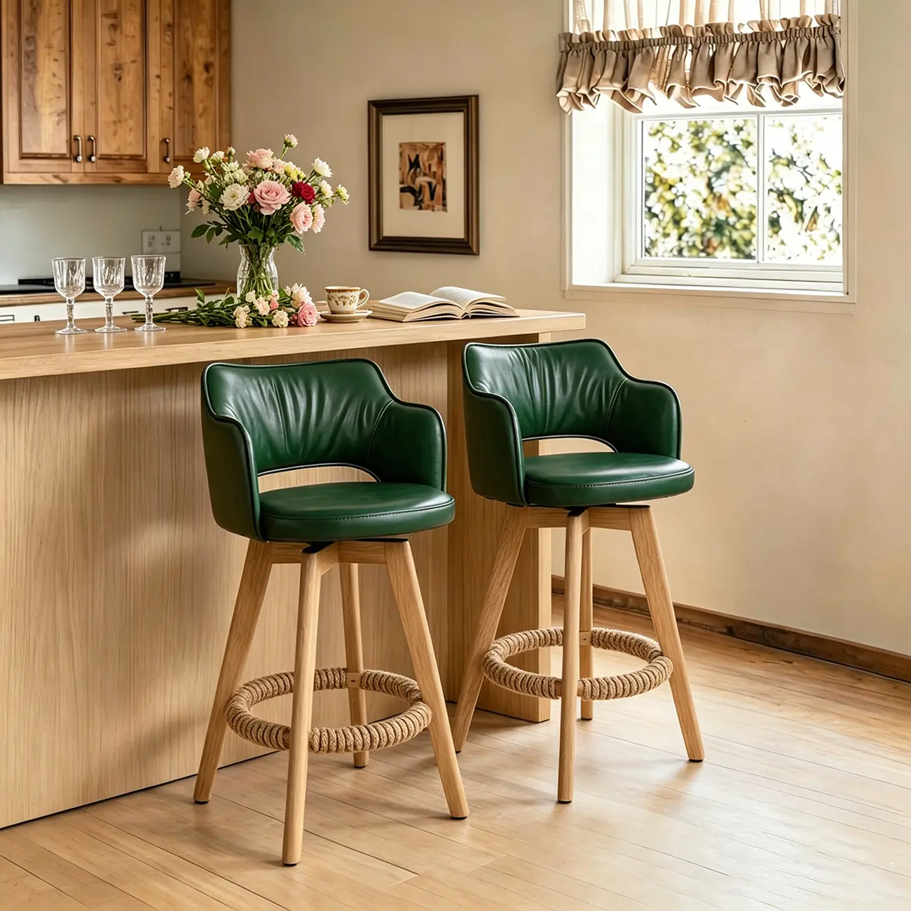 Set Of 2 Modern Swivel Faux Leather Counter Stools Solid Wood Frame Image - 8 | homeyfad
