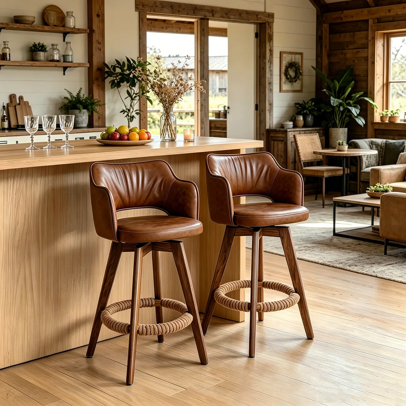 Set Of 2 Modern Swivel Faux Leather Counter Stools Solid Wood Frame Image - 1 | homeyfad