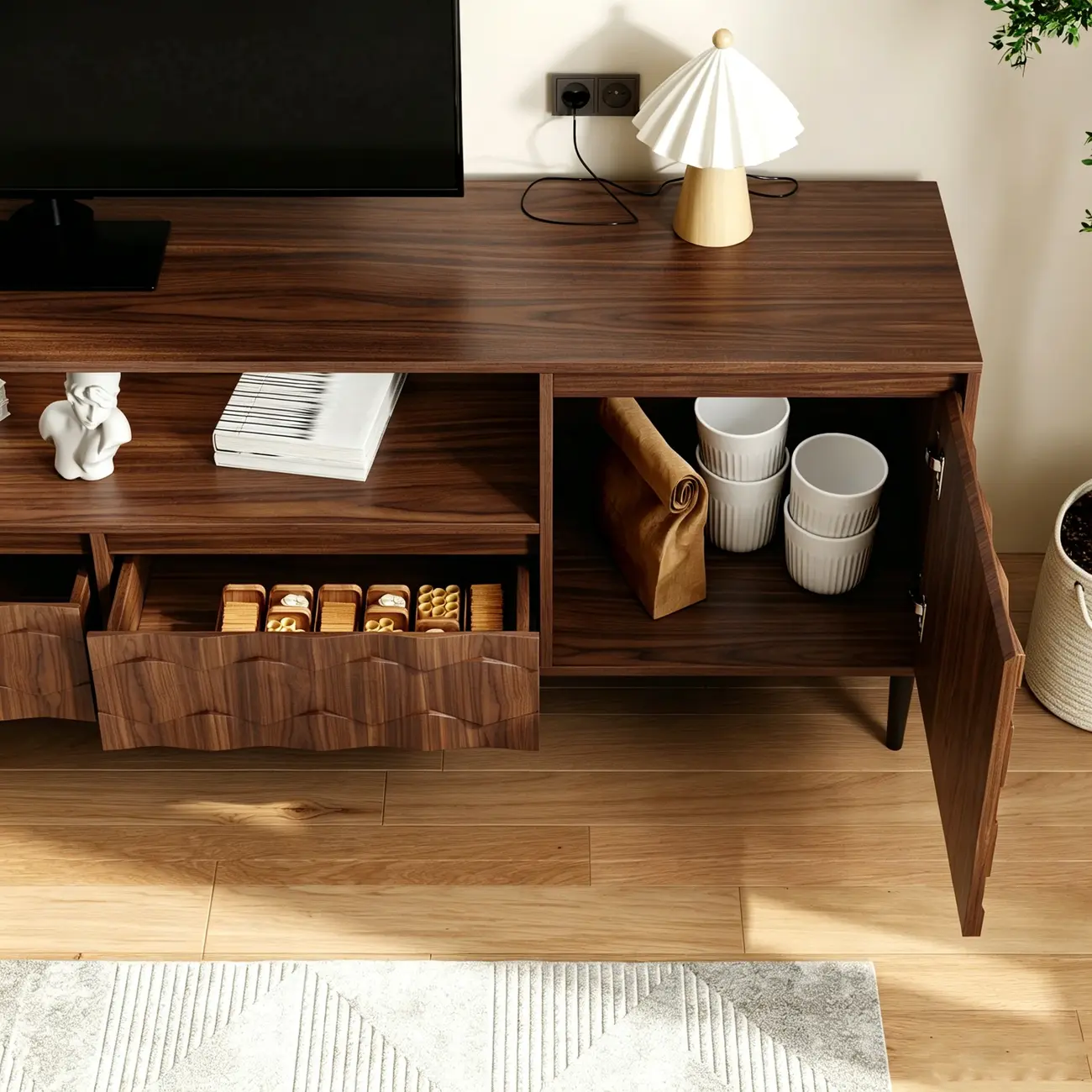 78" Mid-Century Modern Walnut TV Stand for TVs Up to 85" Image - 6 | homeyfad