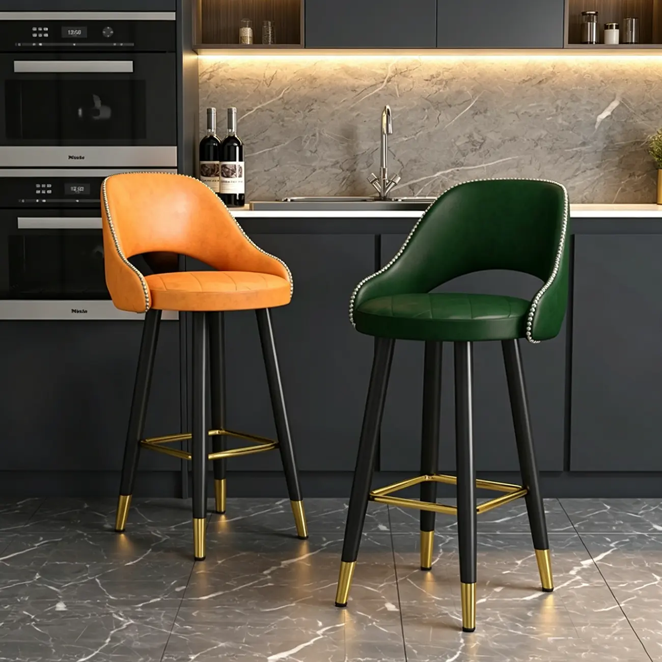 Modern Round Faux Leather Curved Back Bar Stools Image - 3 | homeyfad