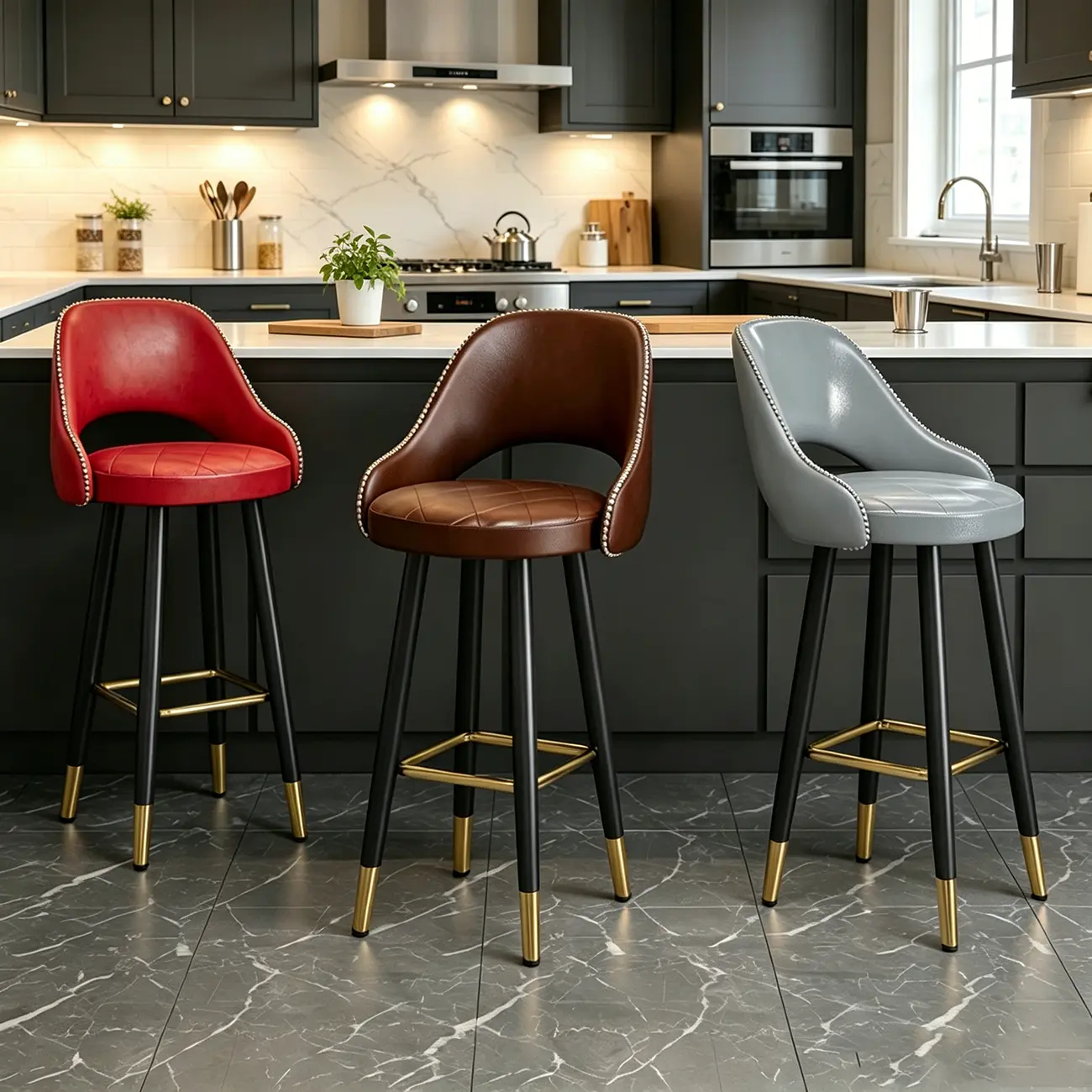 Modern Round Faux Leather Curved Back Bar Stools Image - 2 | homeyfad