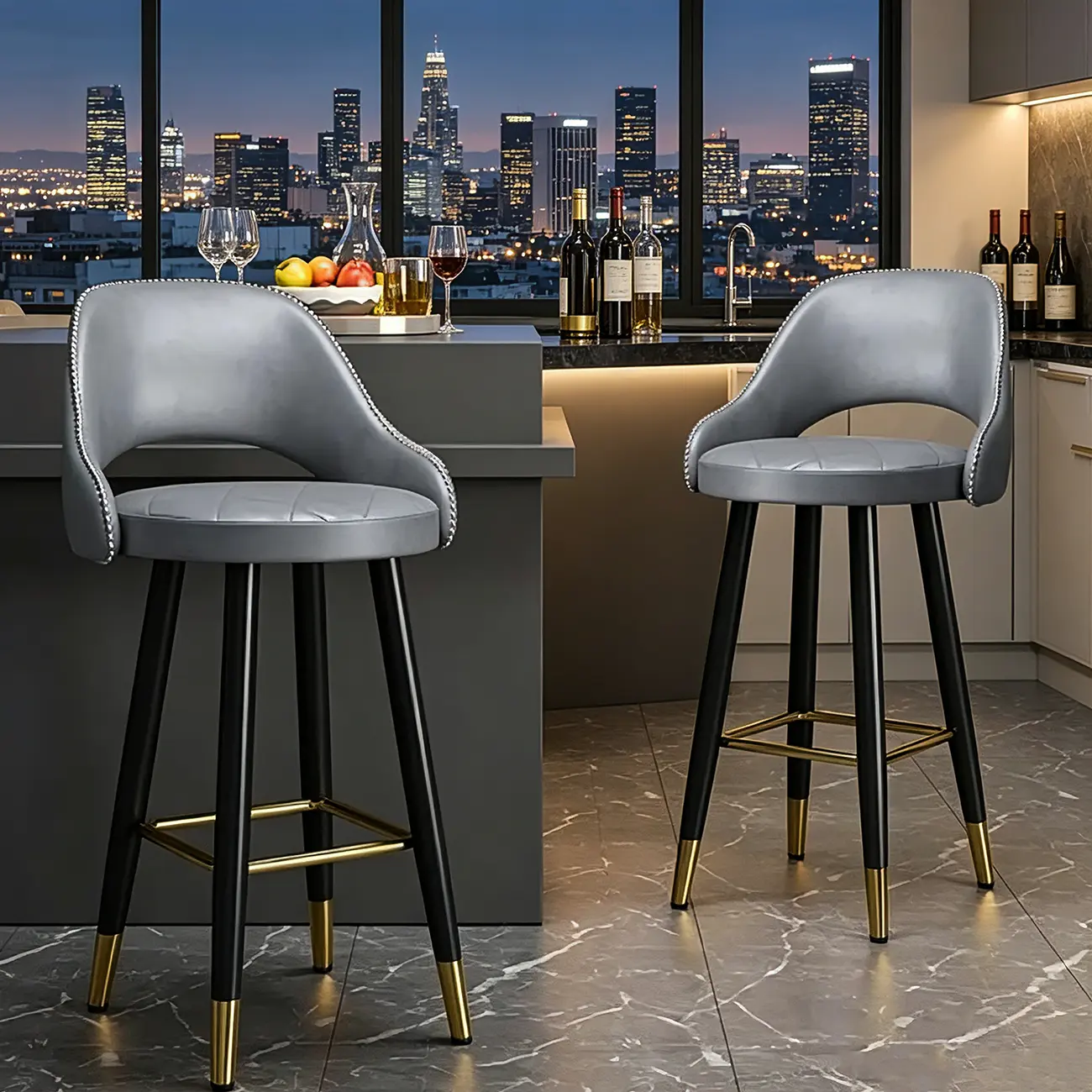 Modern Round Faux Leather Curved Back Bar Stools Image - 4 | homeyfad