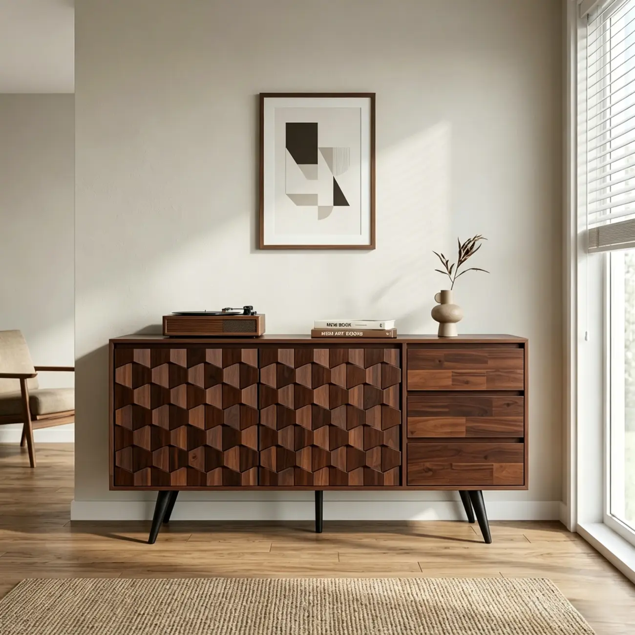 61" Mid-Century Modern Sideboard Buffet Cabinet with Geometric Pattern Image - 4 | homeyfad