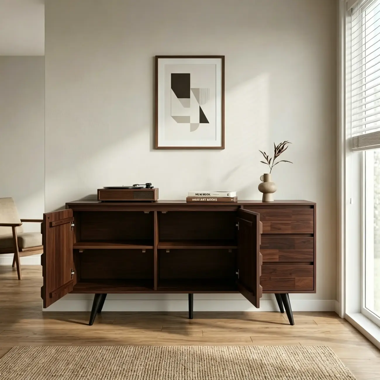 61" Mid-Century Modern Sideboard Buffet Cabinet with Geometric Pattern Image - 5 | homeyfad