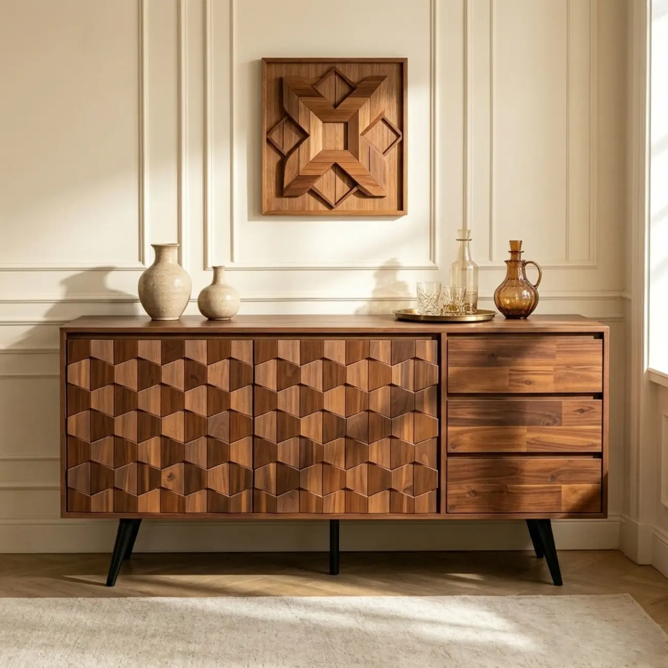 61" Mid-Century Modern Sideboard Buffet Cabinet with Geometric Pattern Image - 1 | homeyfad