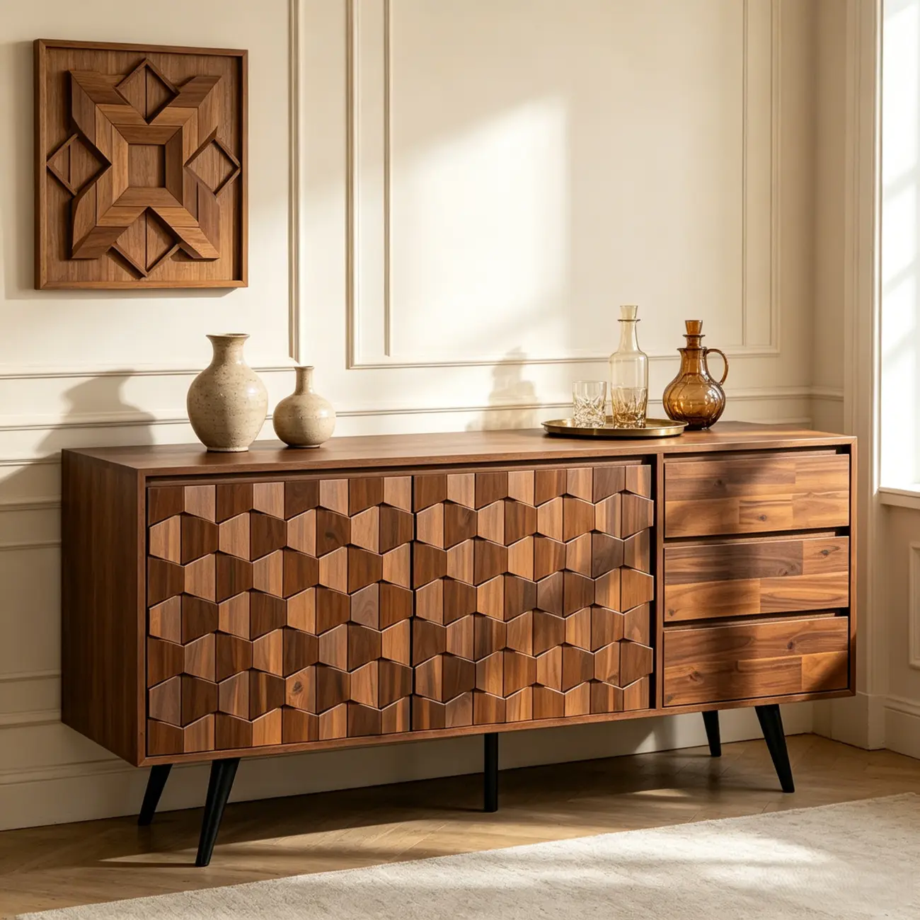 61" Mid-Century Modern Sideboard Buffet Cabinet with Geometric Pattern Image - 2 | homeyfad