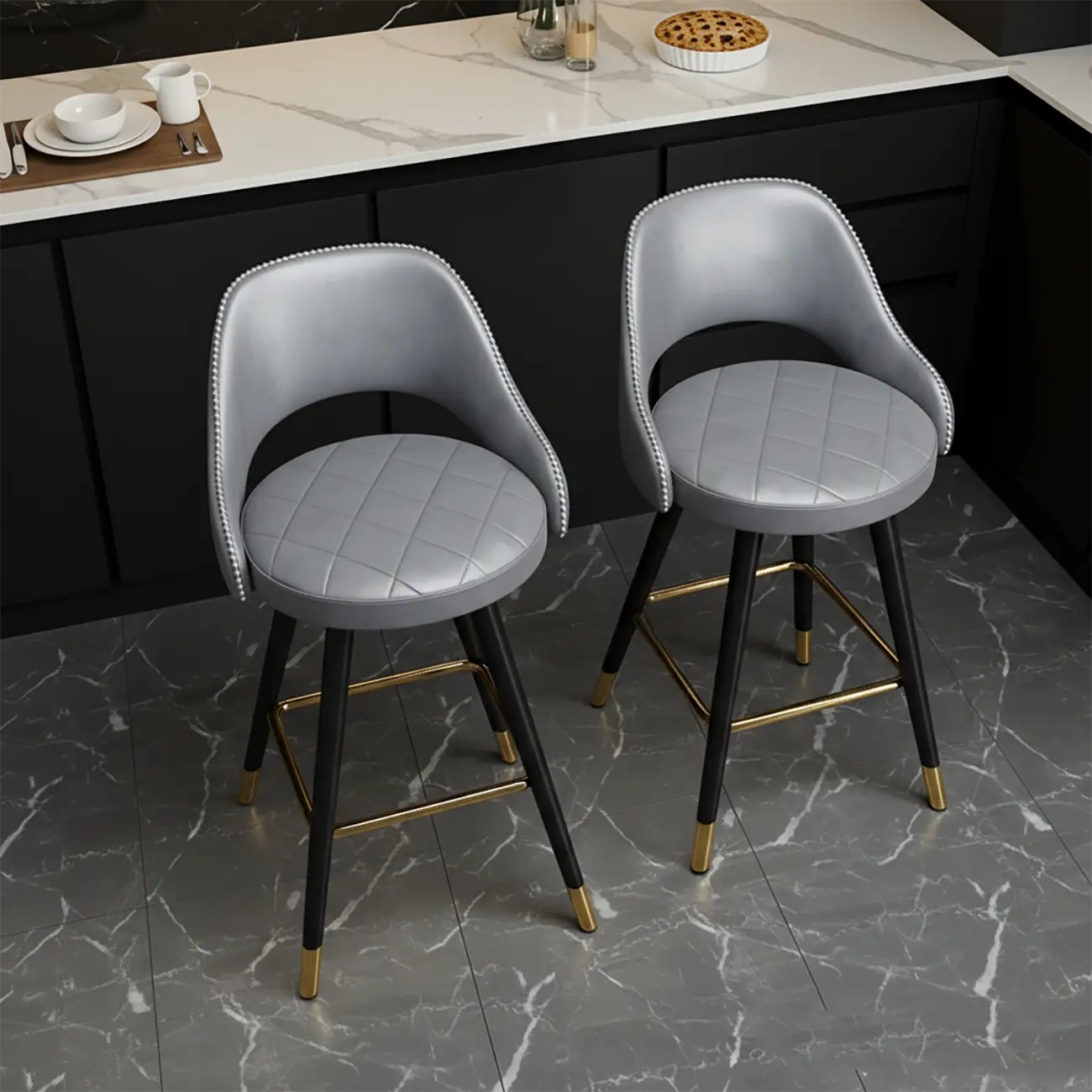 Modern Round Faux Leather Curved Back Bar Stools Image - 5 | homeyfad