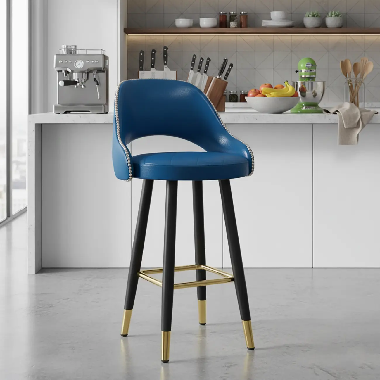Modern Round Faux Leather Curved Back Bar Stools Image - 13 | homeyfad