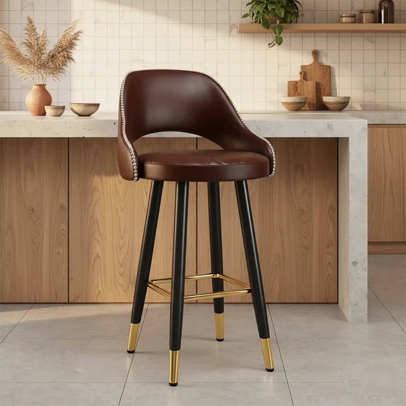 Modern Round Faux Leather Curved Back Bar Stools Image - 14 | homeyfad