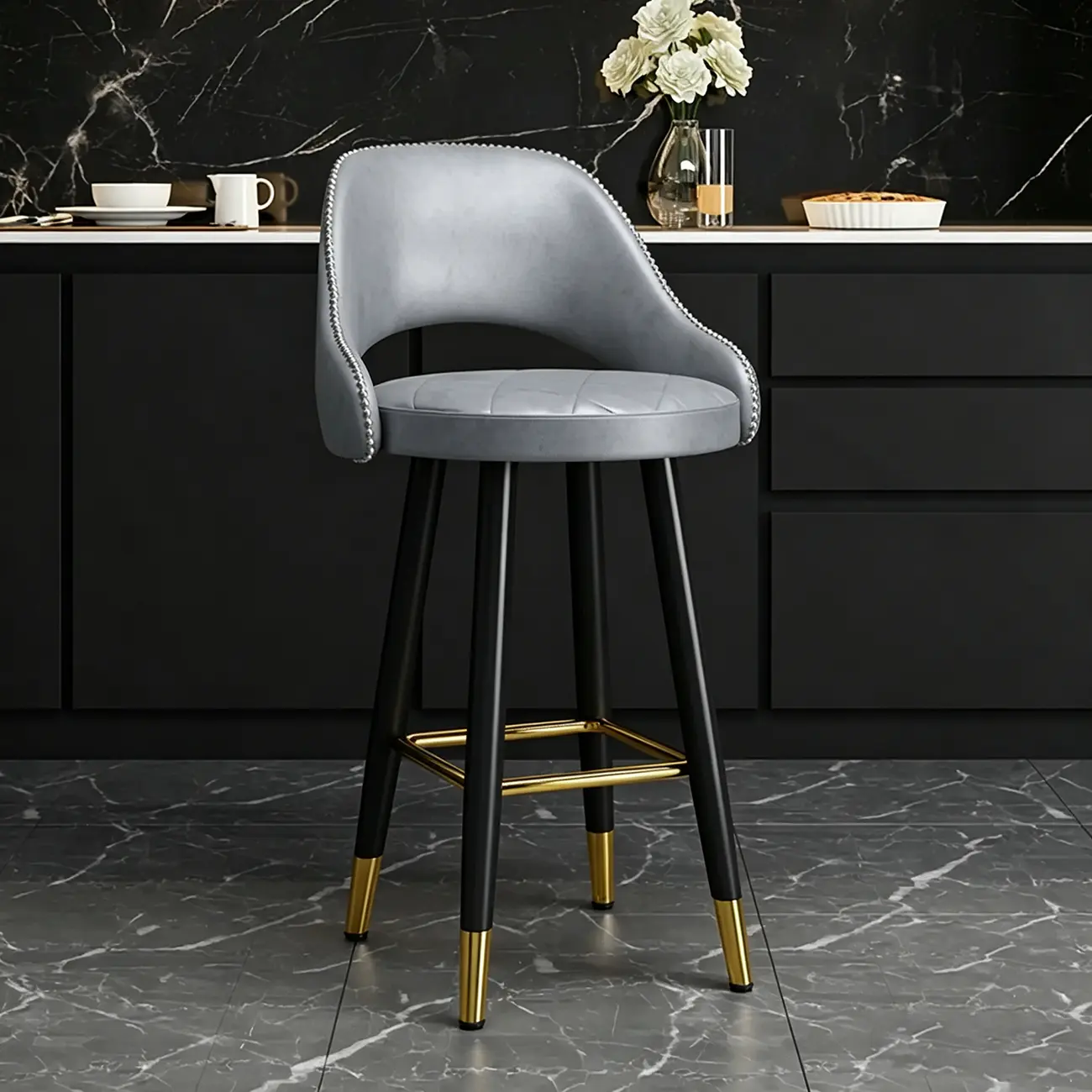 Modern Round Faux Leather Curved Back Bar Stools Image - 11 | homeyfad