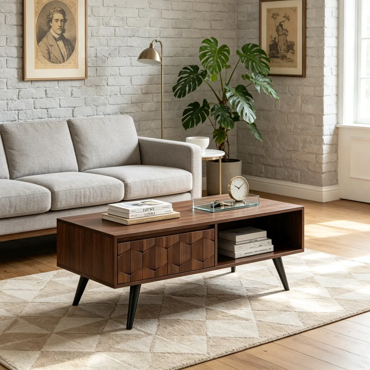 Mid-Century Modern Brown Wood Coffee Table with Drawers Image - 3 | homeyfad