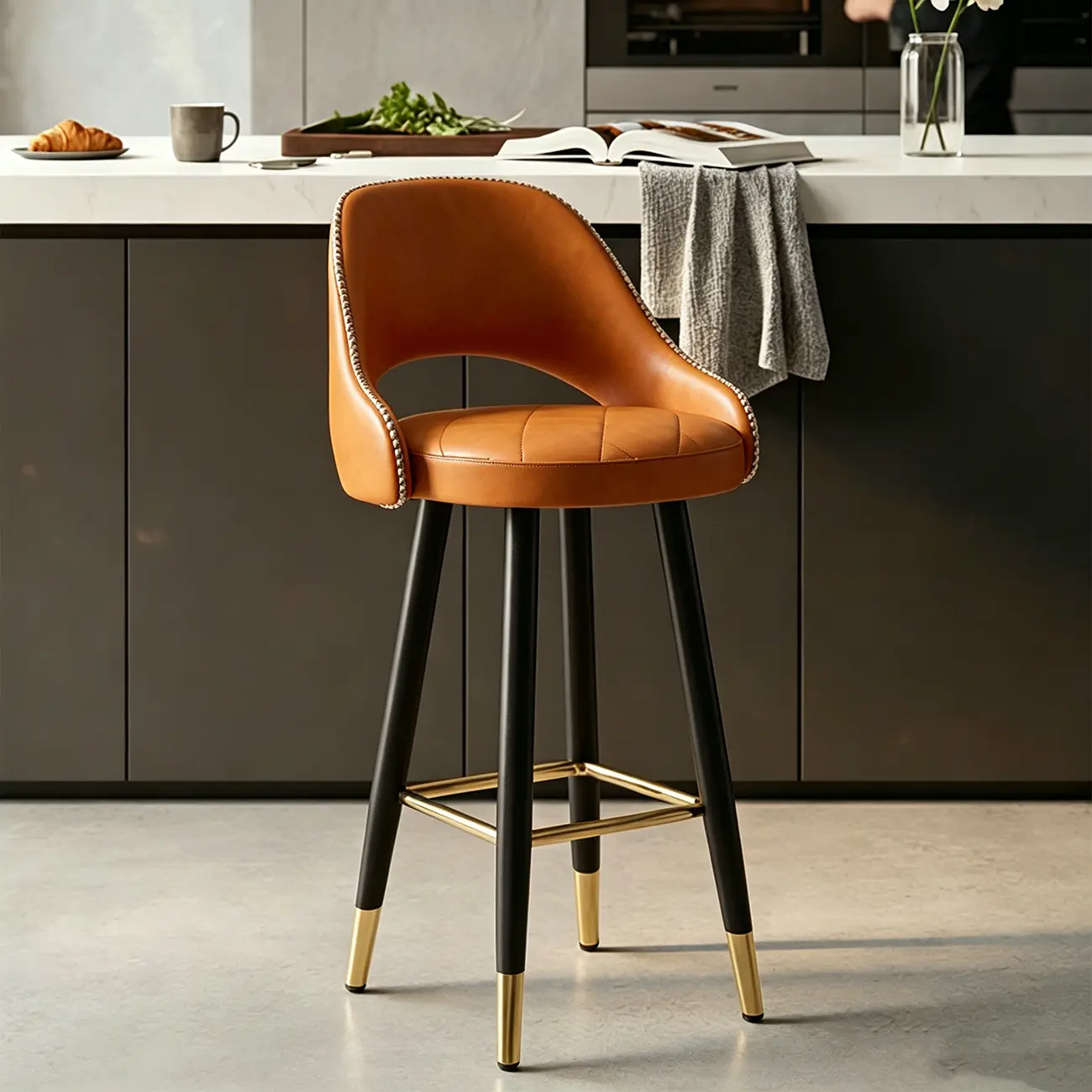 Modern Round Faux Leather Curved Back Bar Stools Image - 12 | homeyfad