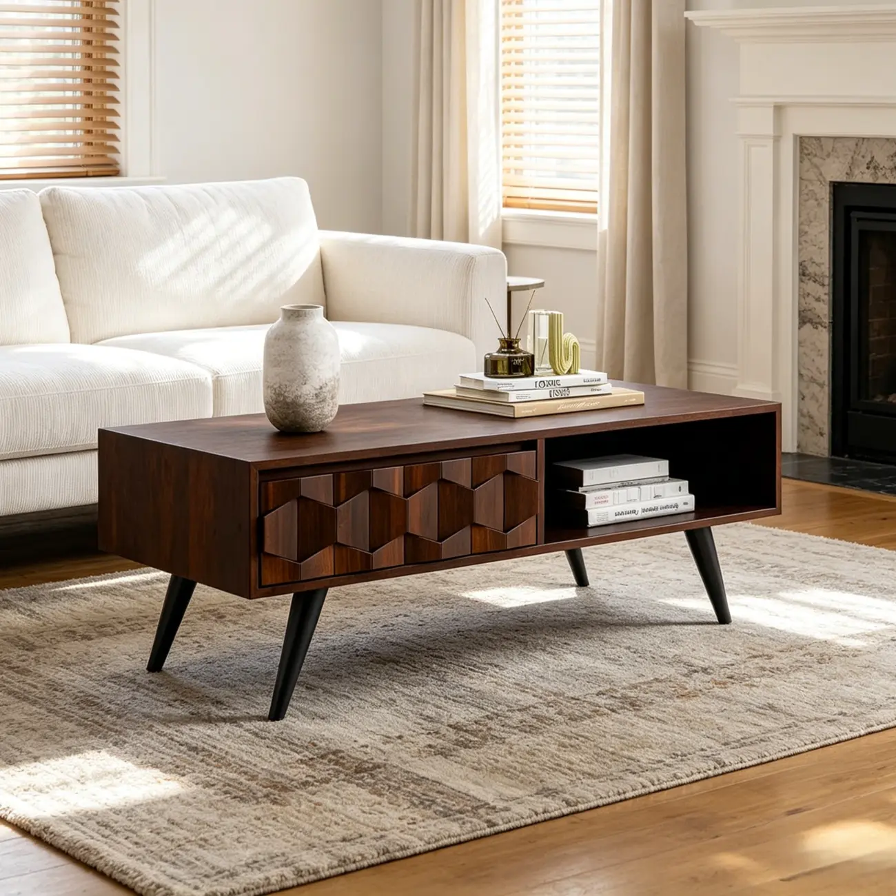 Mid-Century Modern Brown Wood Coffee Table with Drawers Image - 1 | homeyfad