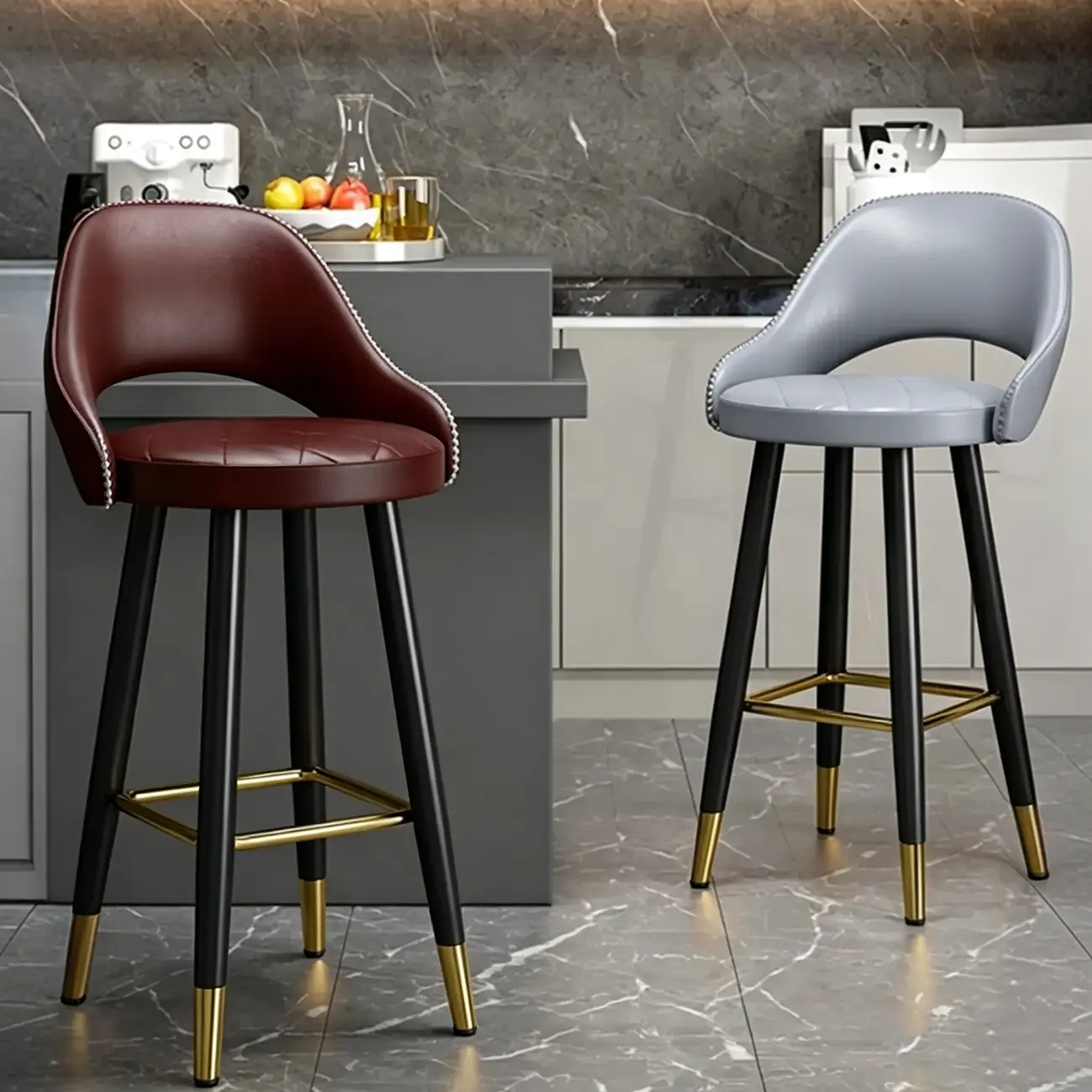 Modern Round Faux Leather Curved Back Bar Stools Image - 1 | homeyfad