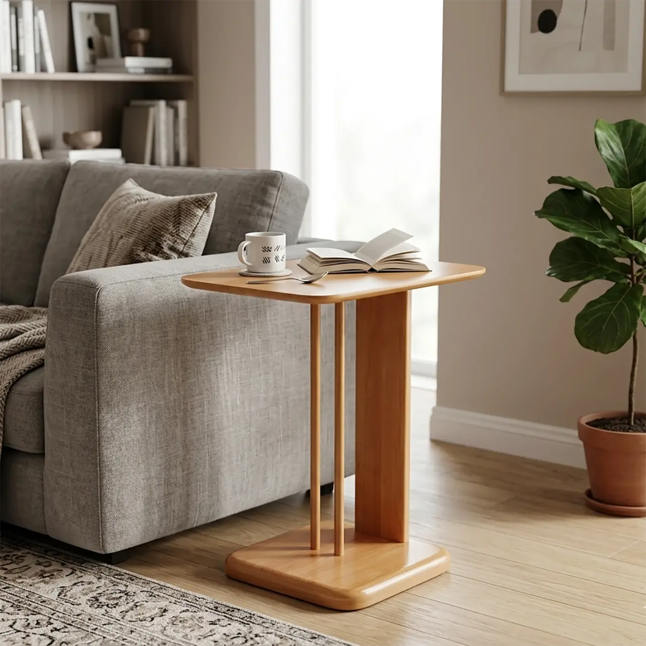 Slim Natural Wooden C-Shaped Sofa Side Table with Storage Image - 3 | homeyfad