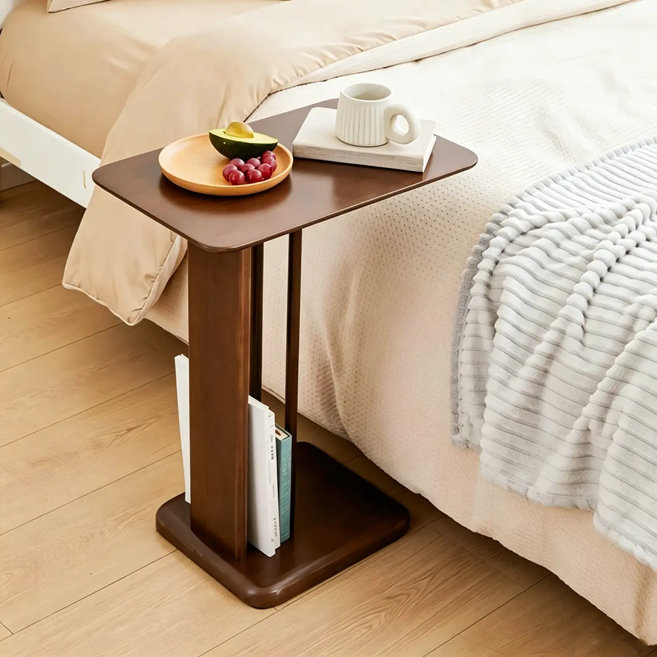 Slim Natural Wooden C-Shaped Sofa Side Table with Storage Image - 4 | homeyfad