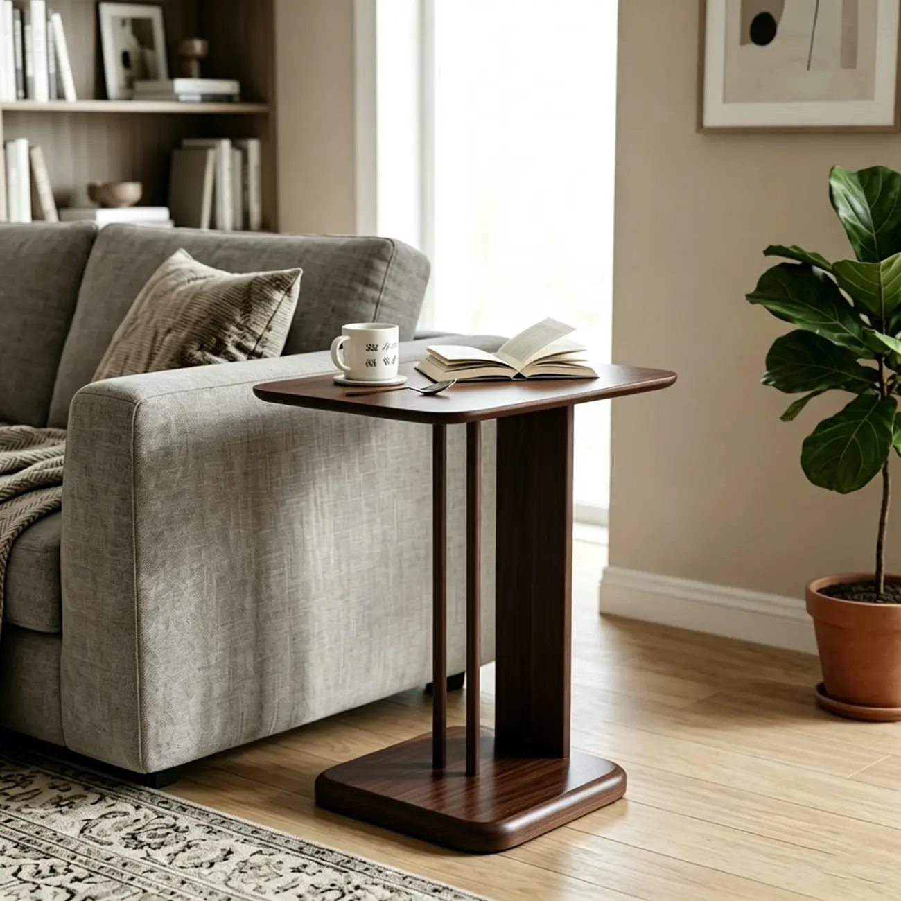 Slim Natural Wooden C-Shaped Sofa Side Table with Storage Image - 5 | homeyfad