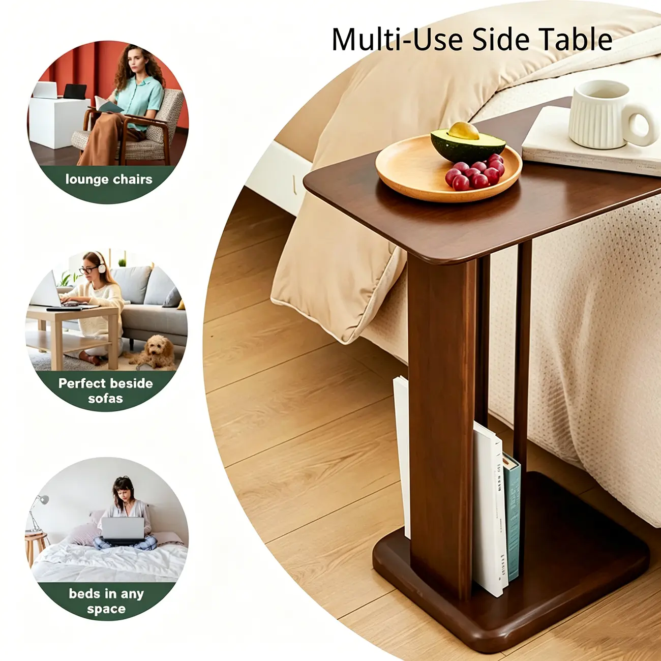 Slim Natural Wooden C-Shaped Sofa Side Table with Storage Image - 6 | homeyfad