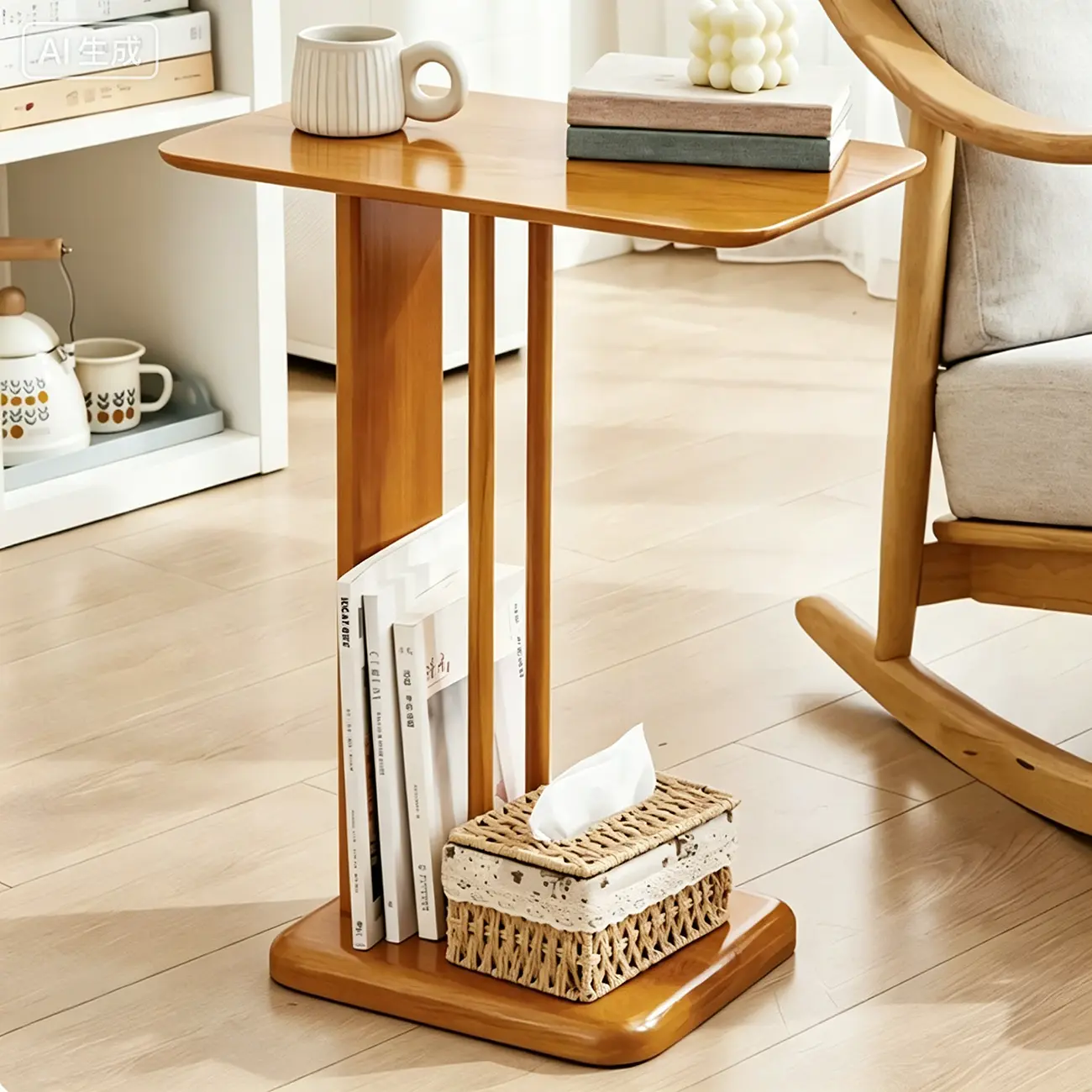 Slim Natural Wooden C-Shaped Sofa Side Table with Storage Image - 2 | homeyfad