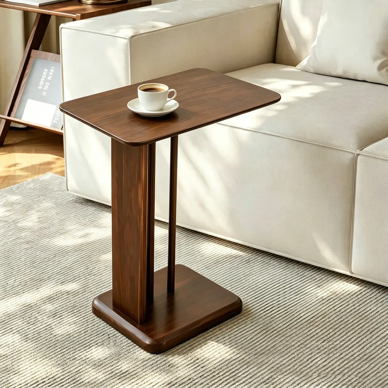 Slim Natural Wooden C-Shaped Sofa Side Table with Storage Image - 1 | homeyfad