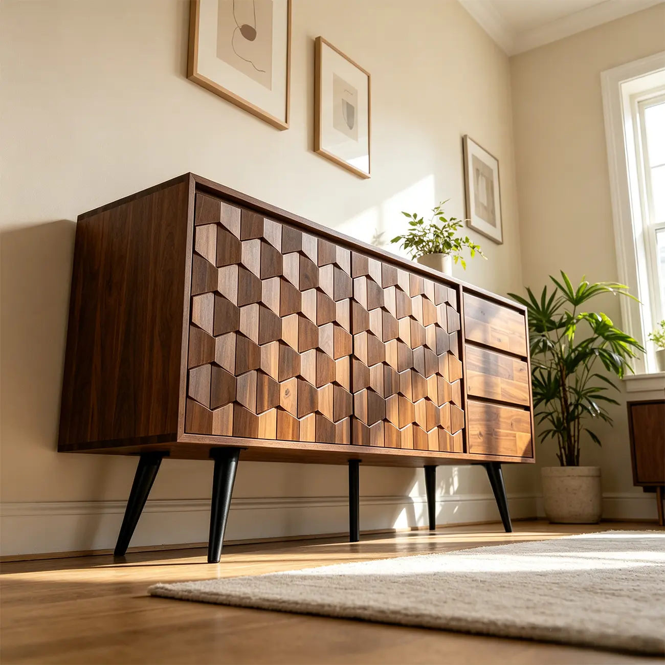 61" Mid-Century Modern Sideboard Buffet Cabinet with Geometric Pattern Image - 6 | homeyfad