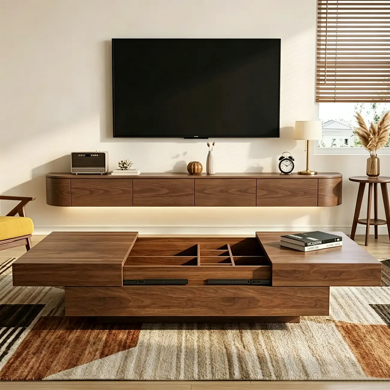 Mid-Century Modern Walnut Color Expandable Storage Coffee Table Image - 2 | homeyfad