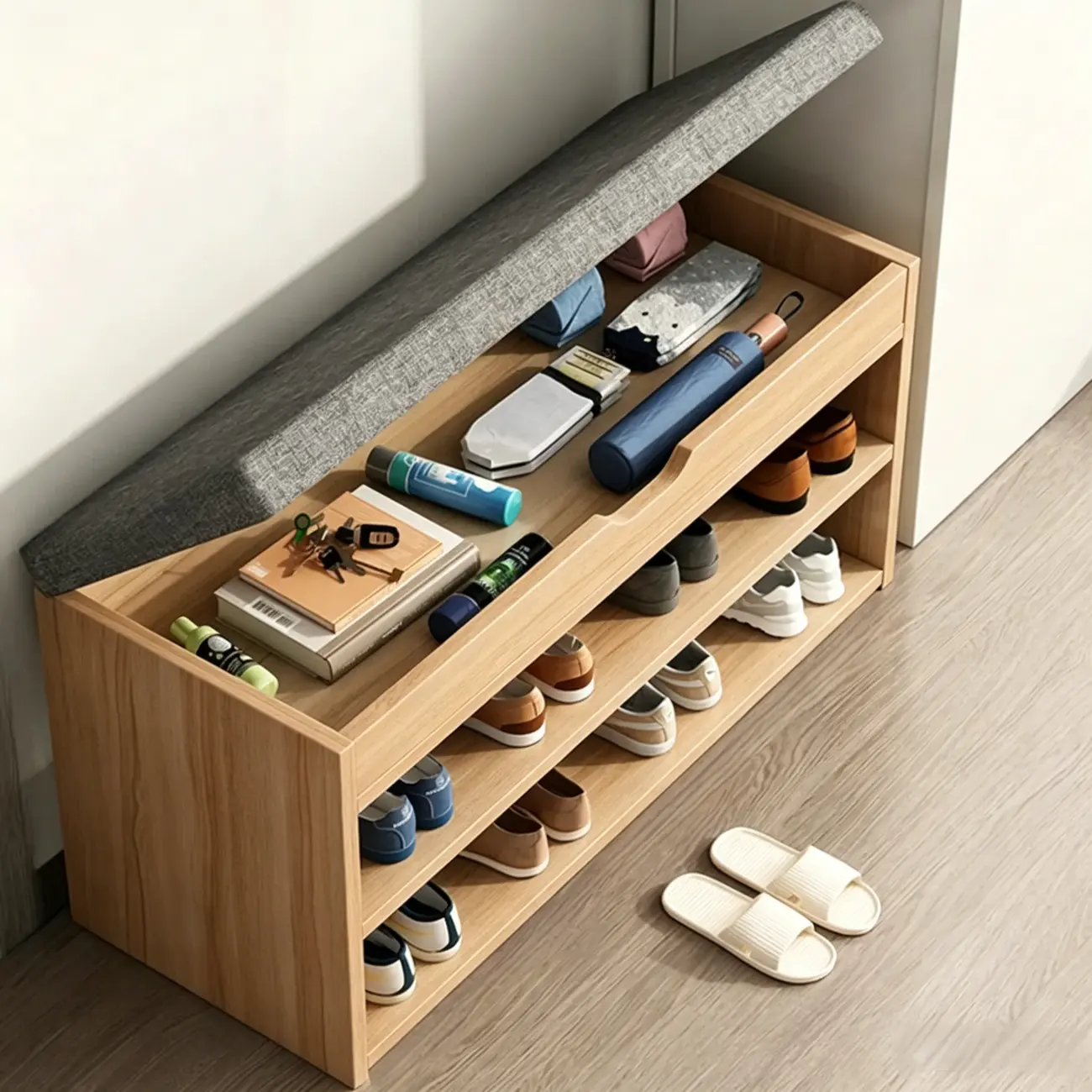Brown Wood Shoe Storage Bench with Flip-Up Storage Image - 10 | homeyfad