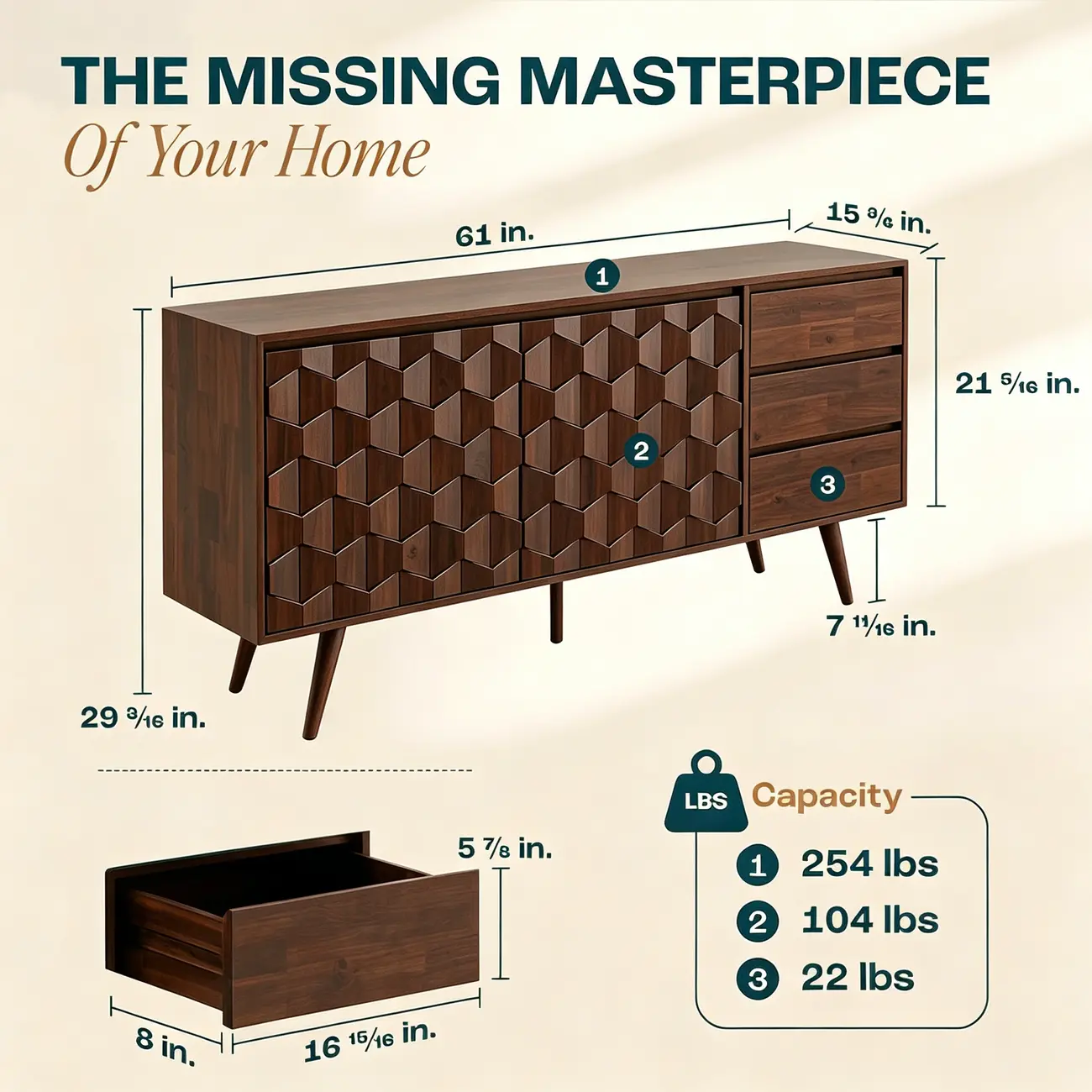 61" Mid-Century Modern Sideboard Buffet Cabinet with Geometric Pattern #size | homeyfad