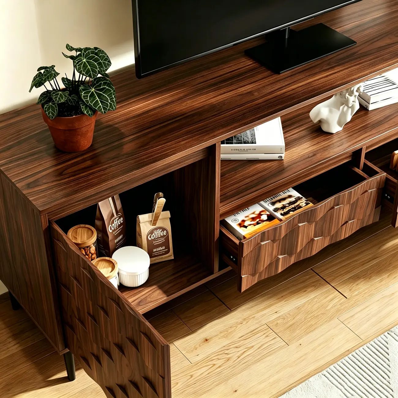 78" Mid-Century Modern Walnut TV Stand for TVs Up to 85" Image - 5 | homeyfad