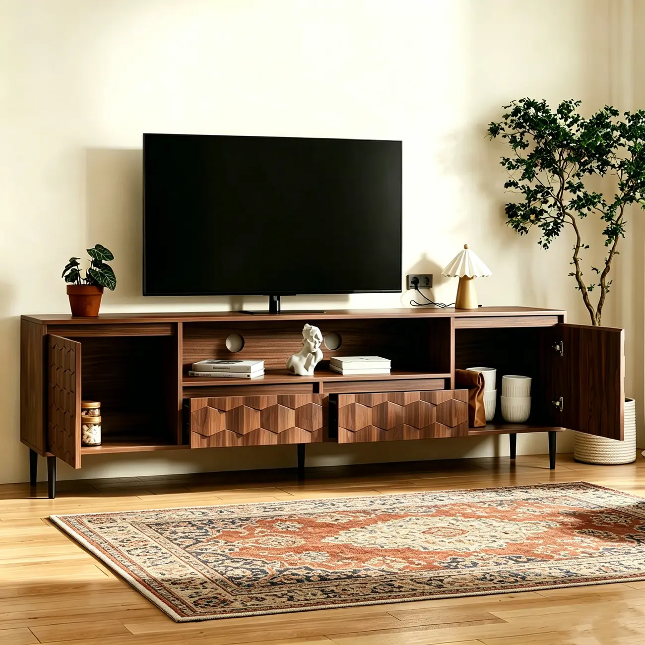 78" Mid-Century Modern Walnut TV Stand for TVs Up to 85" Image - 4 | homeyfad