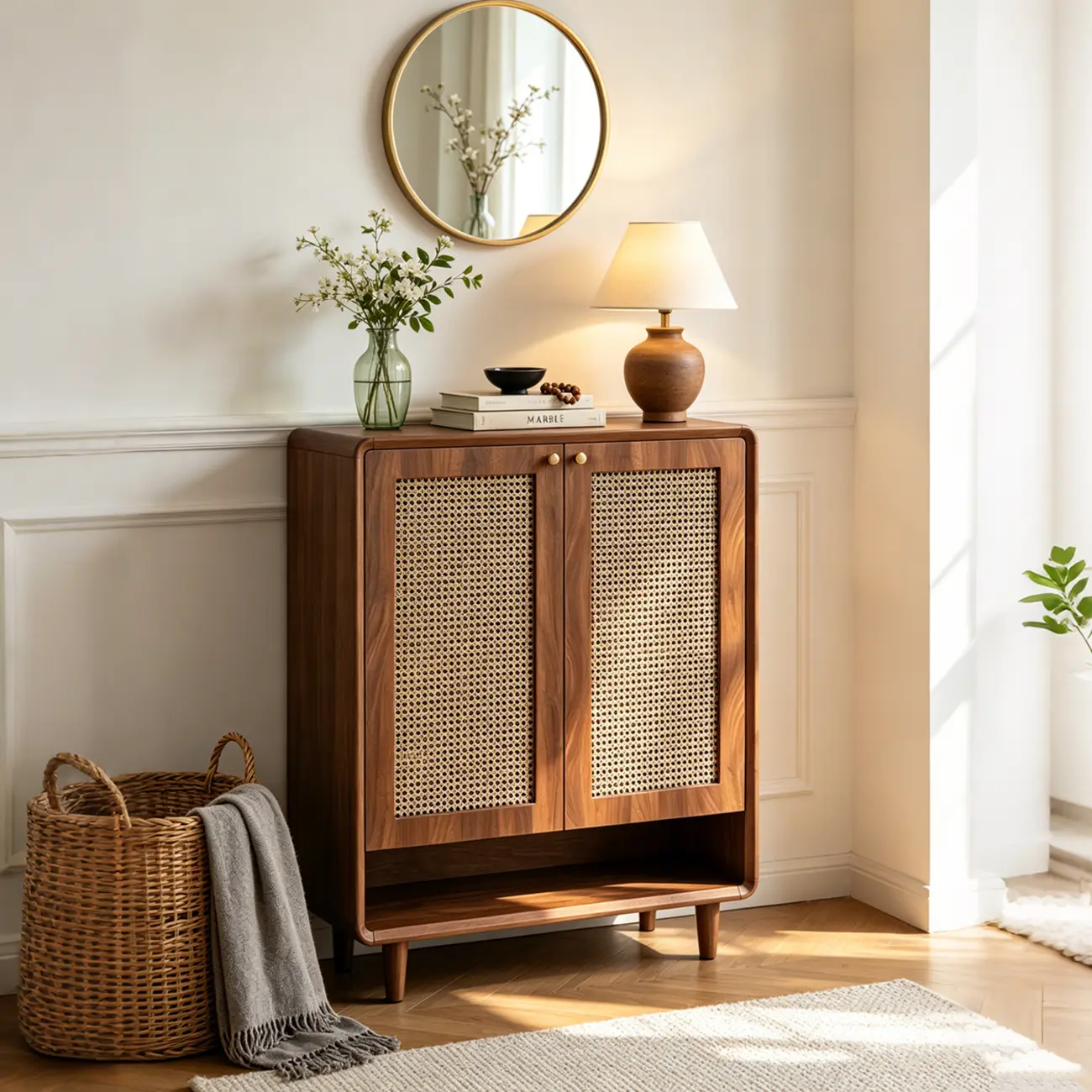 Walnut Wooden Freestanding Entryway Shoe Cabinet With Adjustable Shelves Image - 6 | homeyfad
