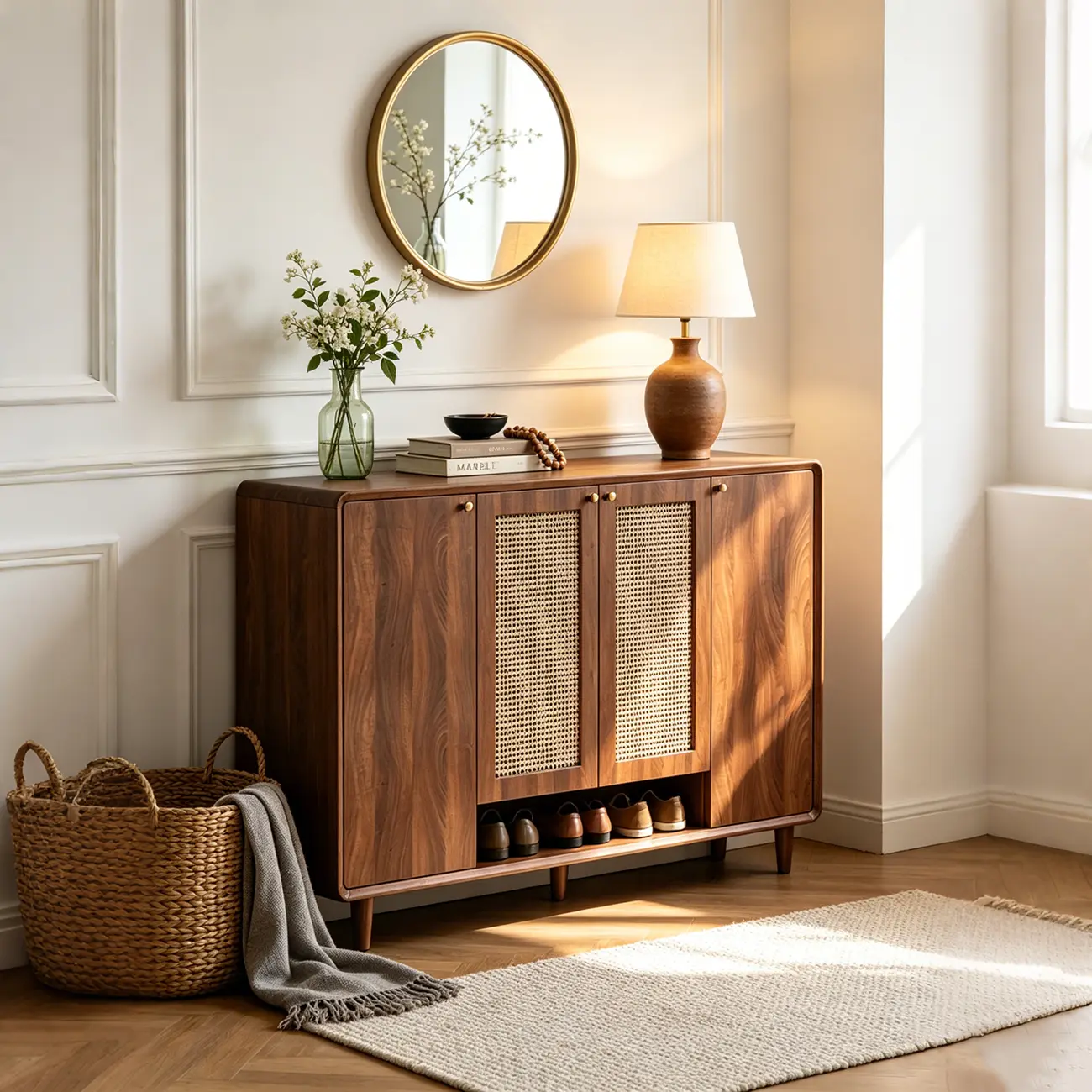 Walnut Wooden Freestanding Entryway Shoe Cabinet With Adjustable Shelves Image - 7 | homeyfad