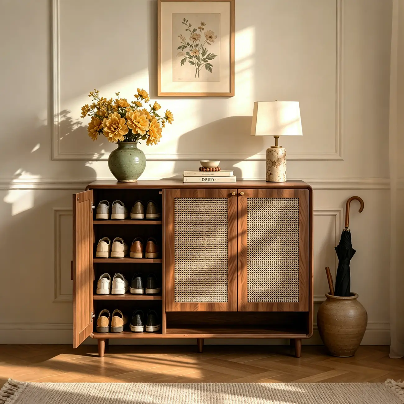 Walnut Wooden Freestanding Entryway Shoe Cabinet With Adjustable Shelves Image - 2 | homeyfad