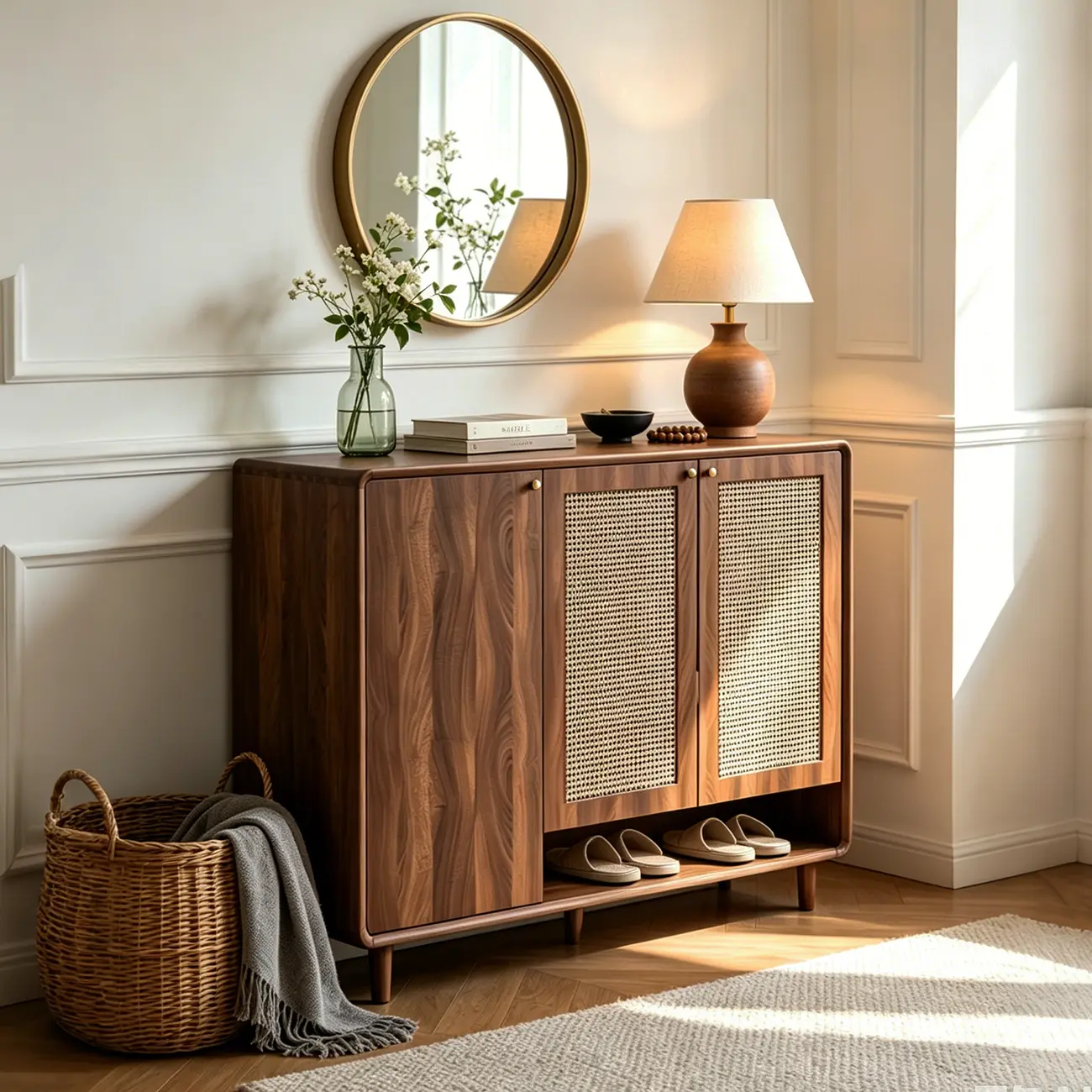 Walnut Wooden Freestanding Entryway Shoe Cabinet With Adjustable Shelves Image - 1 | homeyfad