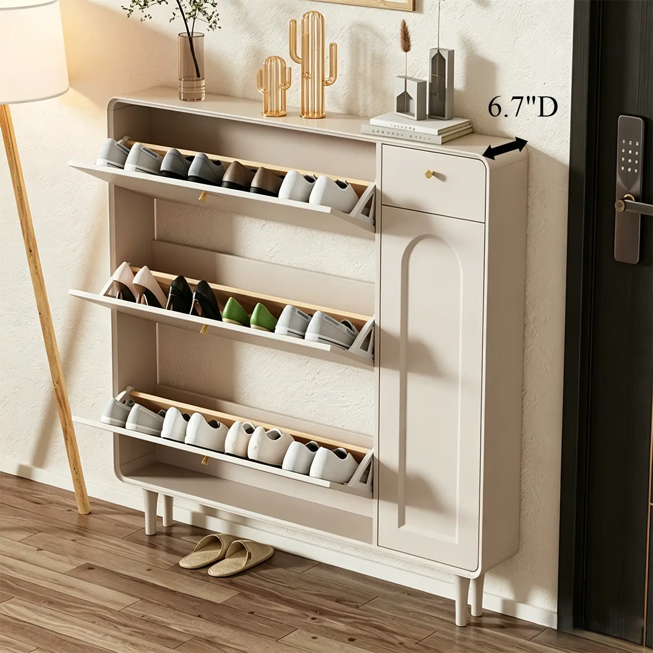 Beige Wood Entryway Shoe Cabinet with Hidden Storage Image - 2 | homeyfad