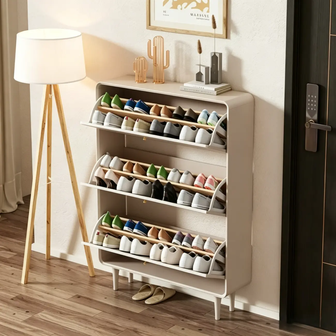 Beige Wood Entryway Shoe Cabinet with Hidden Storage Image - 9 | homeyfad
