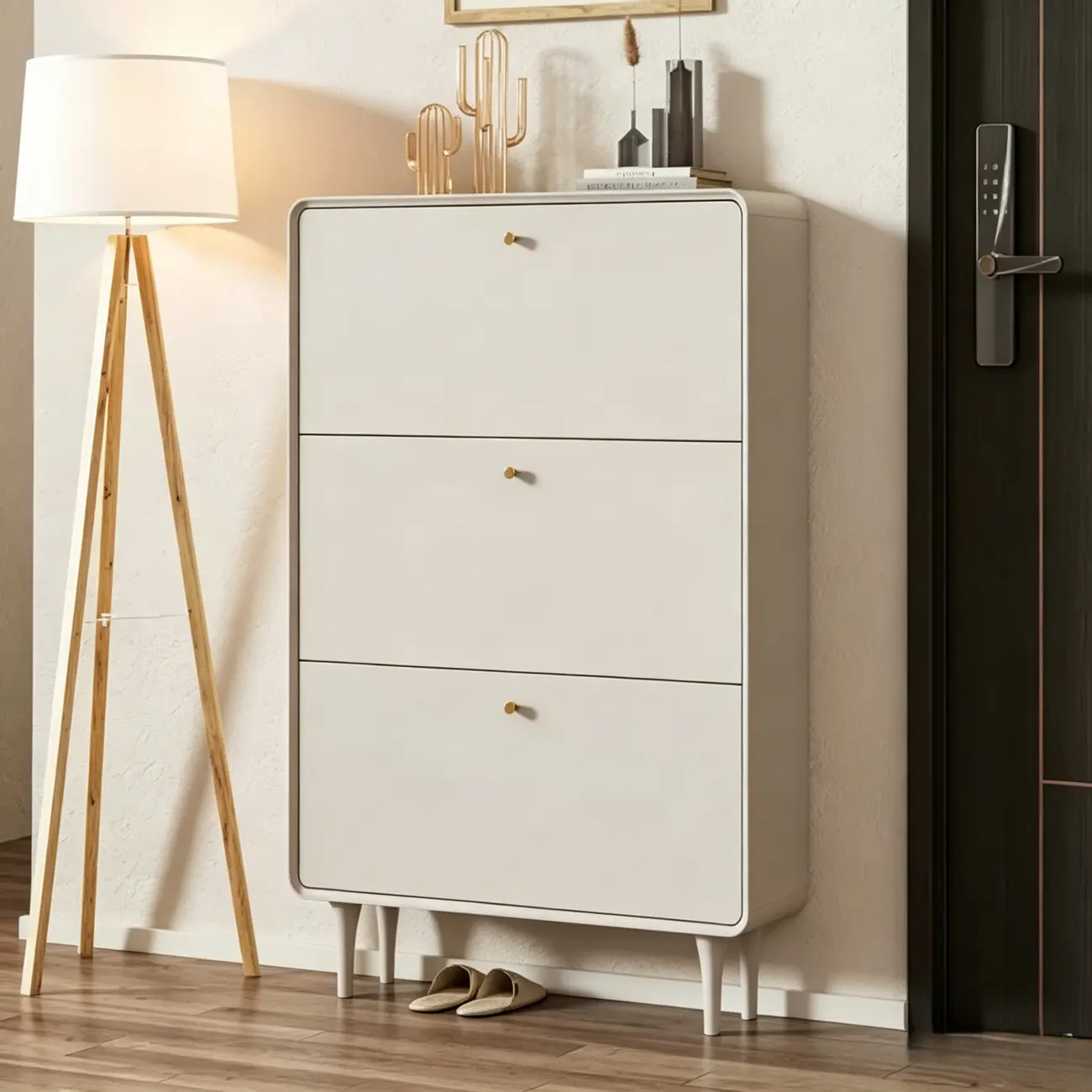 Beige Wood Entryway Shoe Cabinet with Hidden Storage Image - 8 | homeyfad