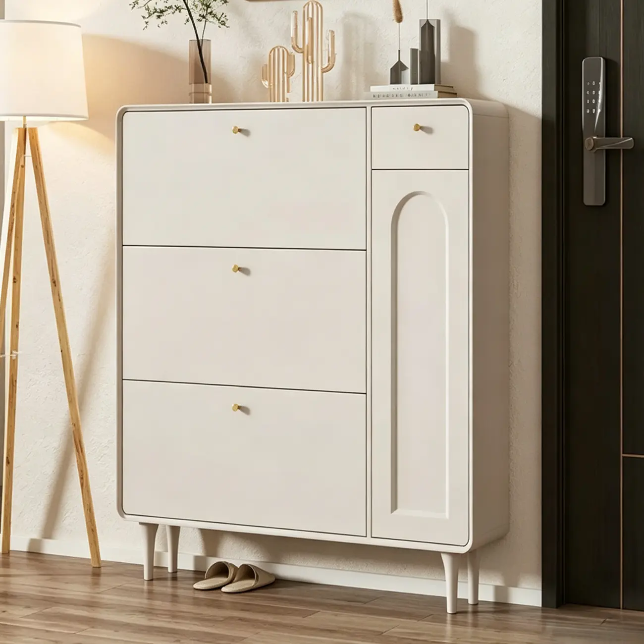 Beige Wood Entryway Shoe Cabinet with Hidden Storage Image - 14 | homeyfad