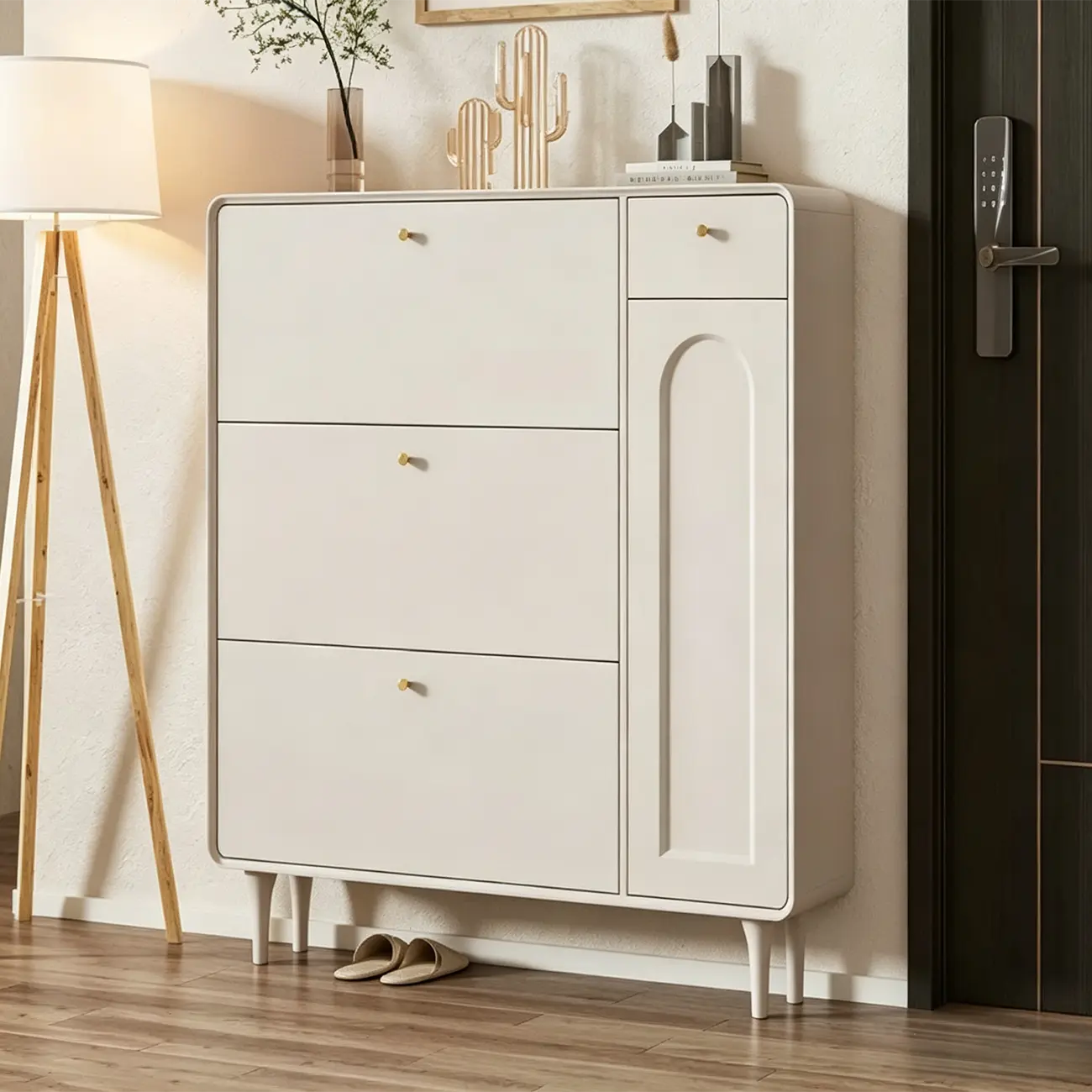 Beige Wood Entryway Shoe Cabinet with Hidden Storage Image - 12 | homeyfad