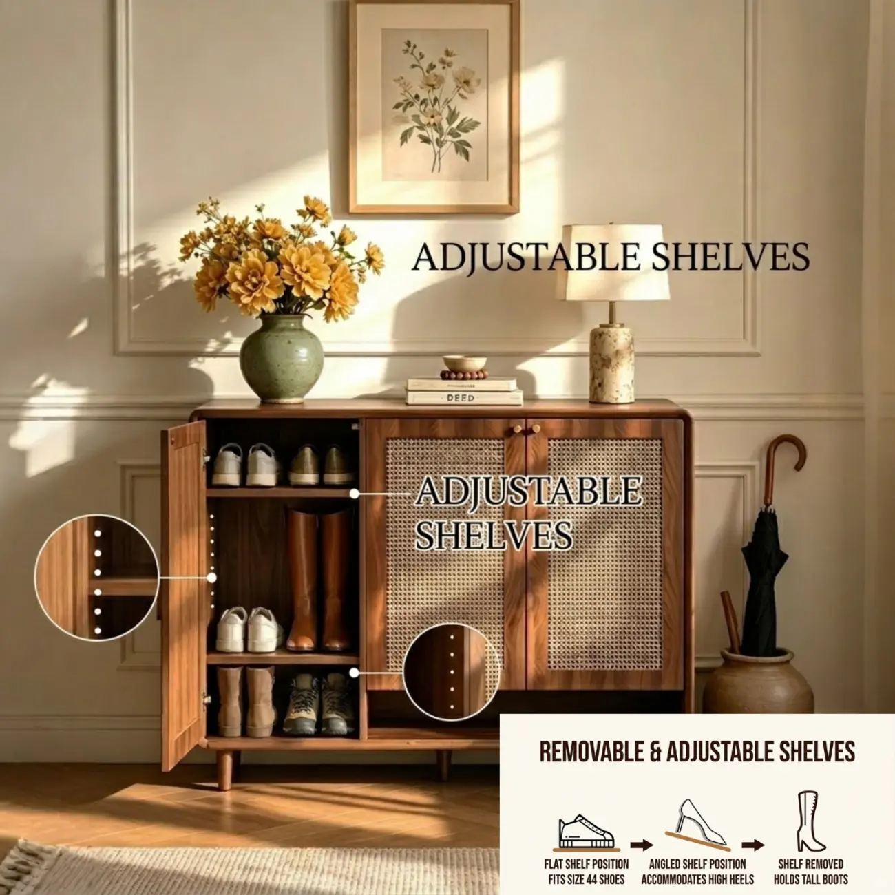 Walnut Wooden Freestanding Entryway Shoe Cabinet With Adjustable Shelves Image - 4 | homeyfad