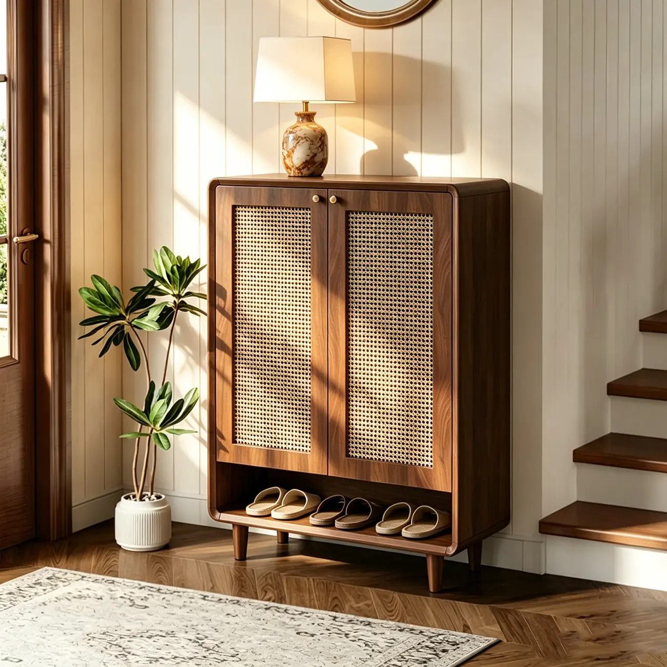 Walnut Wooden Freestanding Entryway Shoe Cabinet With Adjustable Shelves Image - 3 | homeyfad