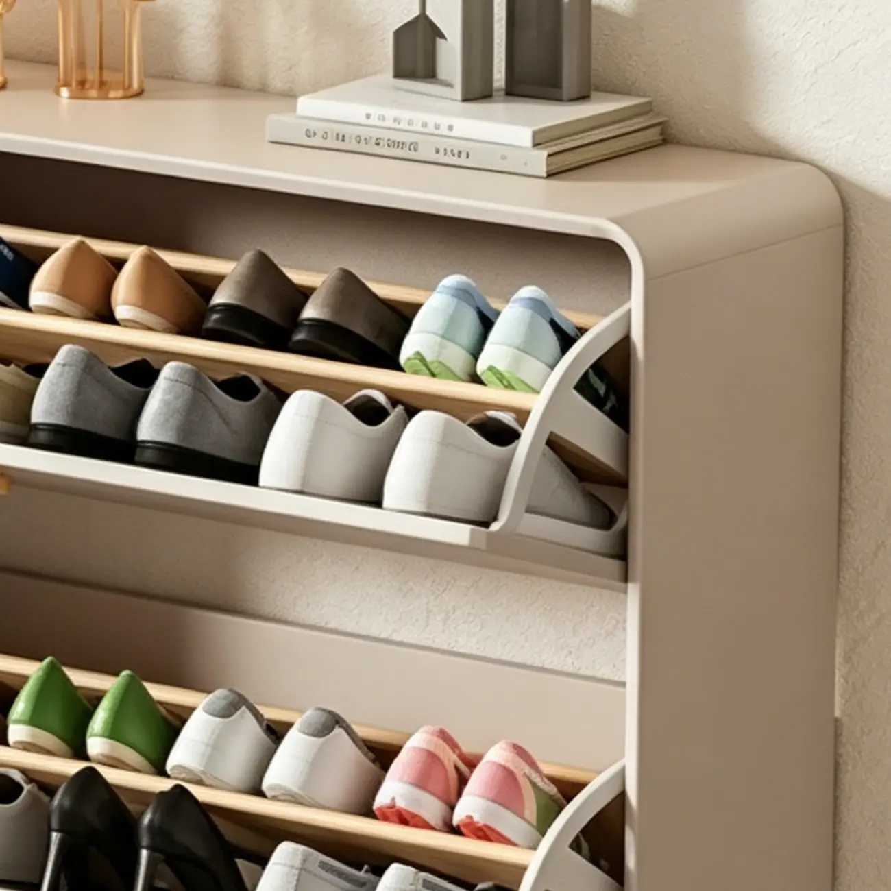 Beige Wood Entryway Shoe Cabinet with Hidden Storage Image - 10 | homeyfad