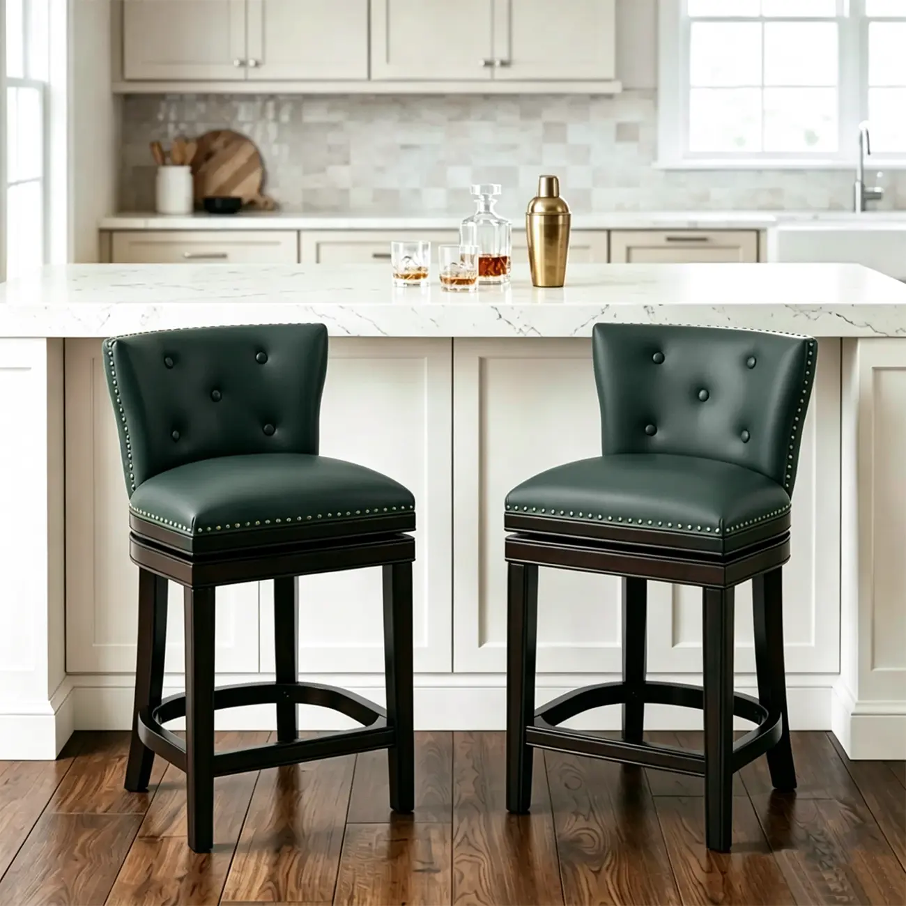 Solid Wood Genuine Leather Swivel Bar Stool Image - 1 | homeyfad